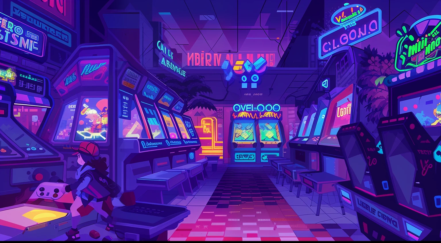 cartoon style illustration of a neon arcade with a neon sign, 2D game style,Pixel art style, 8 0 s anime vibe, , gamer aesthetic, cyberpunk vibe, lofi artstyle, neon ambience,