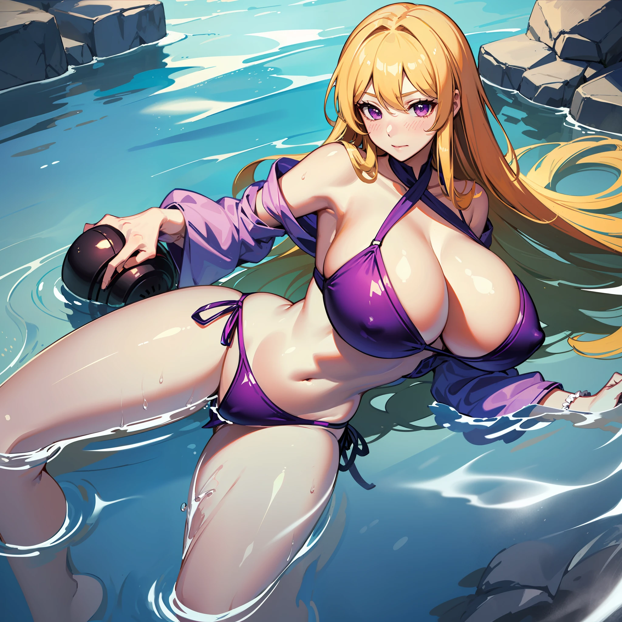 1girls, Yakumo Yukari(Touhou Project),、独奏, swimming suit, Bikini, Gigantic,,, side-tie bikini bottom, Bikini, Eyes are purple,Yellow hair、Long hair,, shyness, blushed, BEATCH