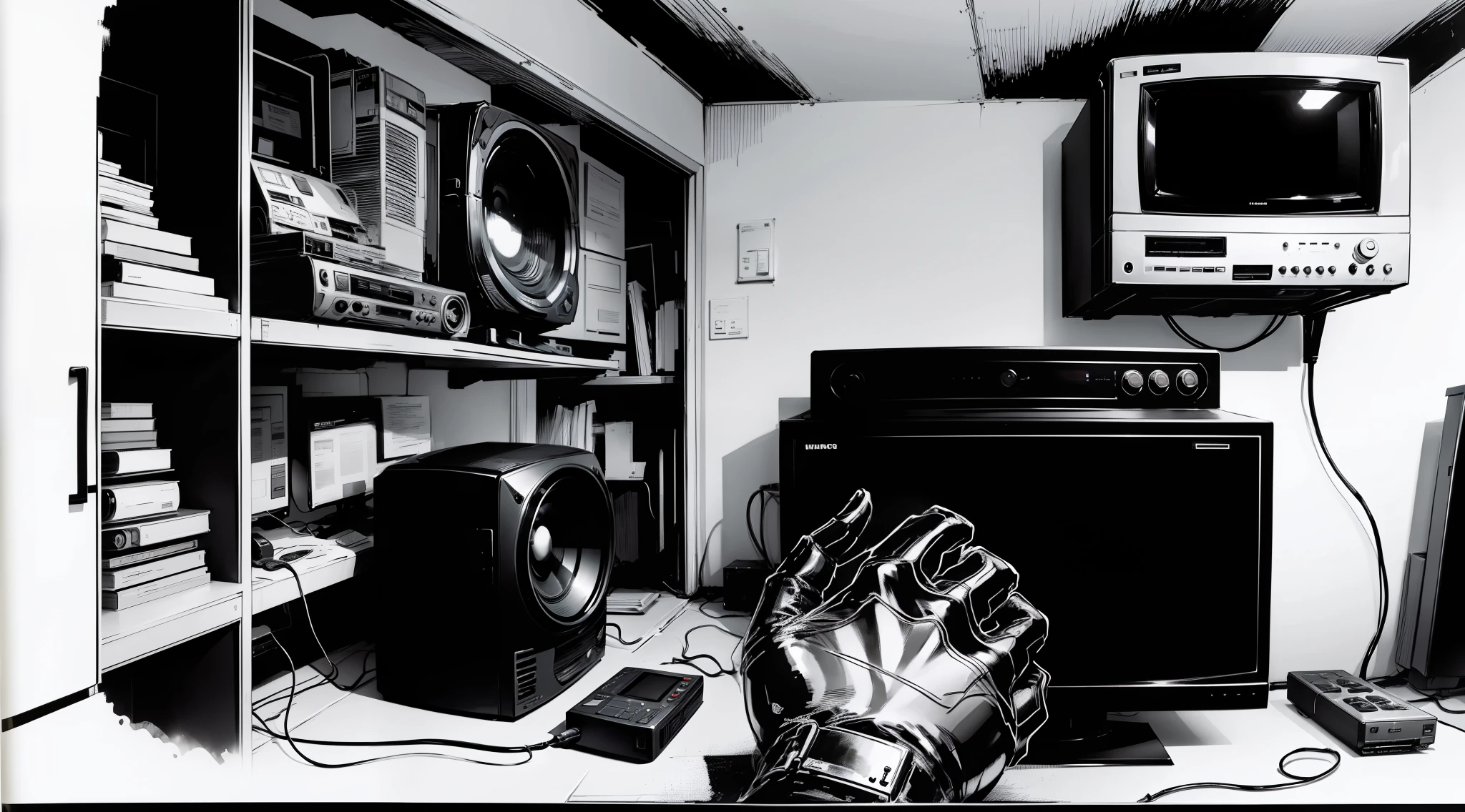 Draw an image in Marvel inspired black and white comic book style, Image should be simple in black and white colors with clean lines and minimal details, Outline should be done in pen or pencil, Think of a hero calling and turning the power switch on an old 80s tv crt screen in an empty room, black and white television still, it is visibly turning the tv on, the hero must still be looking at the old tv monitor