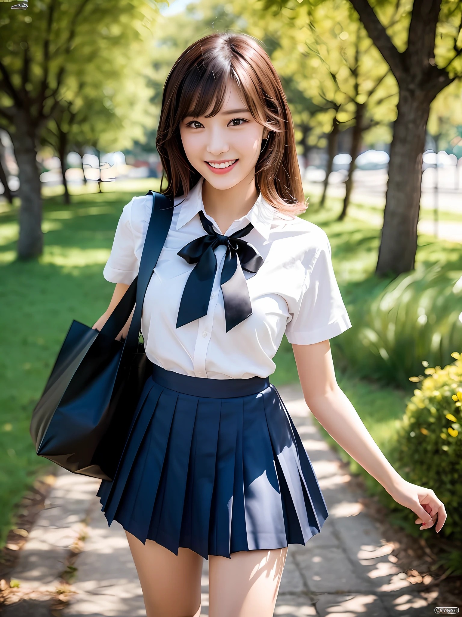 masterpiece, upper body shot, Front View, 1 woman per 1 photo, a Japanese young pretty woman, hyper pretty face, 18 years old, walking on a grasses in a park with a big smile, carrying a big tote bag with her shoulder, glamorous figure, wearing a short sleeves shiny silky white collared shirt with shiny satin red plain bow tie, wearing a dark blue pleated skirt of long length, Glossy lips, Sweaty body, double eyelids in both eyes, Natural makeup, Long eyelashes, shiny smooth light brown hair of medium length, Asymmetrical bangs, tanned skin, central image, 8K resolution, High Detail, detailed hairstyle, detailed faces, spectacular cinematic lighting, Octane Rendering, Vibrant, an ultra realistic, perfect limbs, perfect ???????