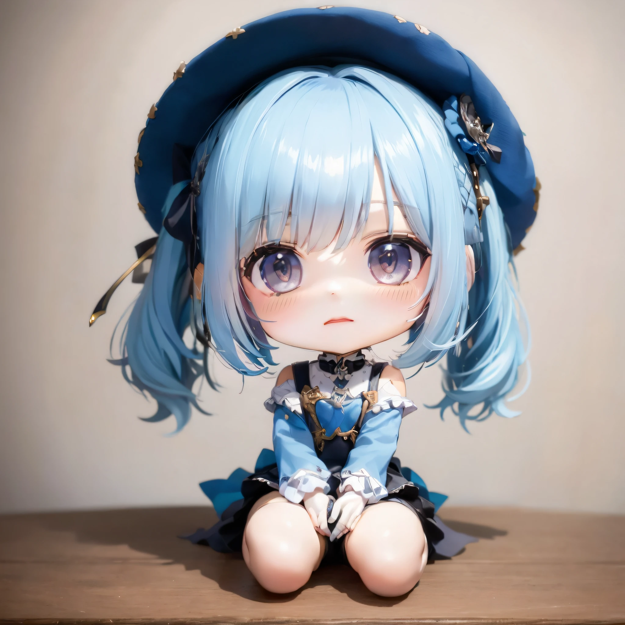 A doll in a hat sitting on a table drinking Coke, aquarela Nendoroid. The style is like Nendoroid, Little Curvy Loli, e retratos realistas de kawaii. She is a little loli girl with sad azure eyes and Mikudayo designed by Nendroid. Este tiro foi capturado com uma Canon EOS R 6.