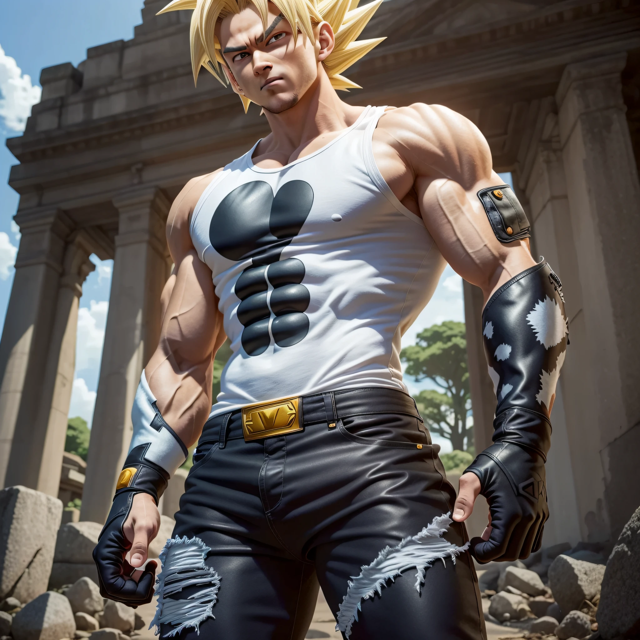 anime character with white hair and black leather pants posing for a picture, photorealistic human goku, as a character in tekken, human goku, character dragonball, saiyan armor, super saiyan, broly, gogeta, anime character; full body art, sfw version, highly detailed full body, ultra mega super hyper realistic, super saiyan joe biden