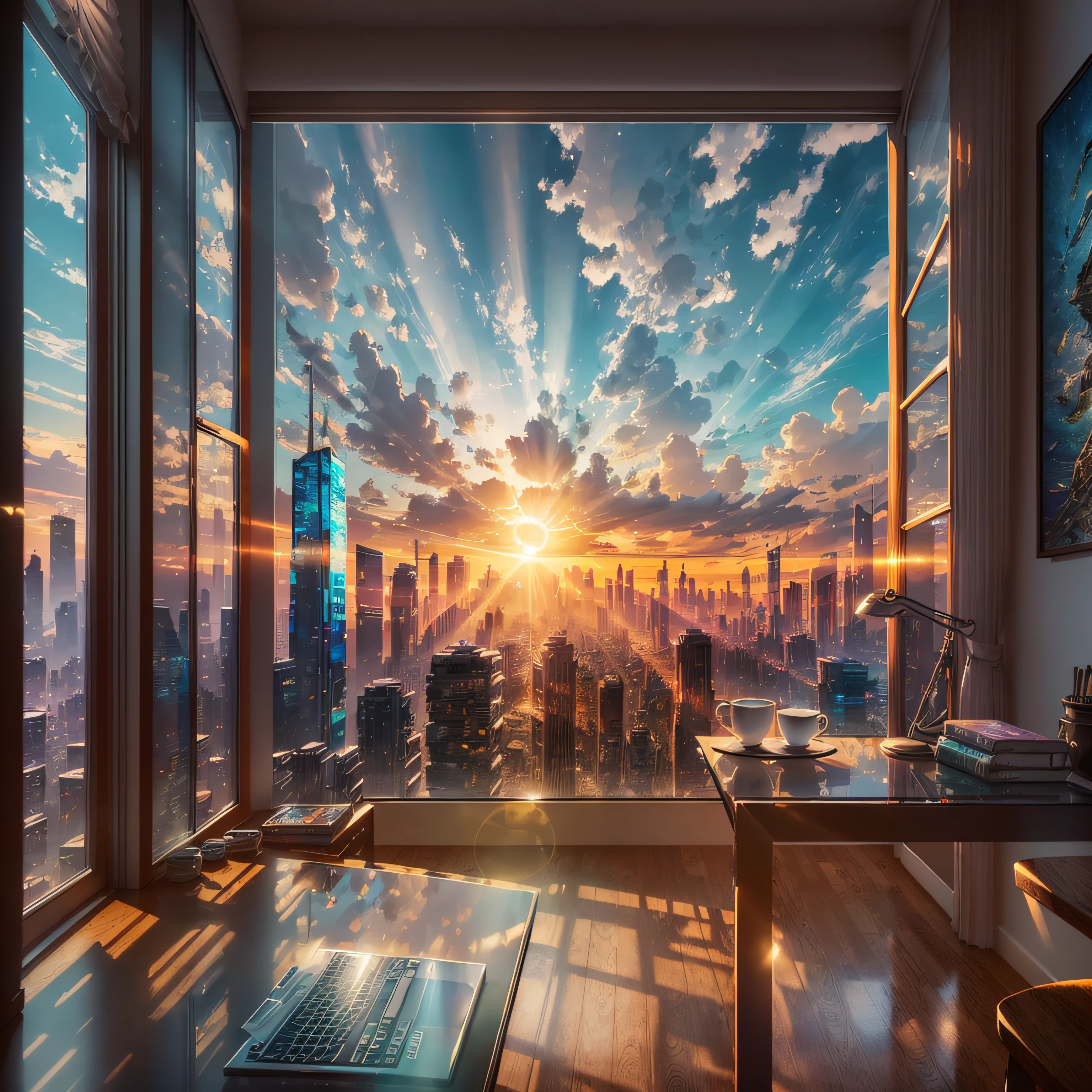 um homem estudando em um notebook, ele esta no quarto de seu apartamento extremamente luxuoso e caro, nesta imagem a vista de fundo tem que ser uma janela grande e comprida com a vista de nova york --auto