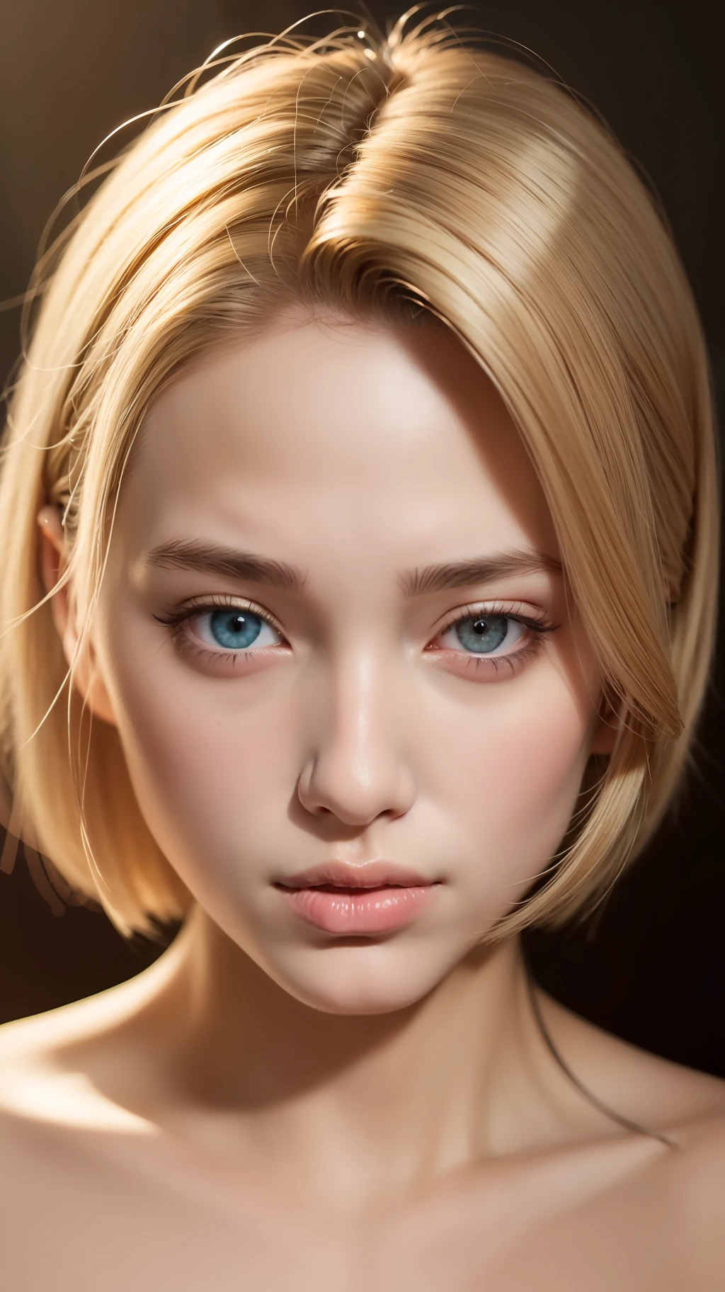 ((best quality)), ((ultra res)), ((photorealistic)), (intricate details), 19 years old, blonde hair, perfect face, make up:1.5, light on face, face detail, short hair,