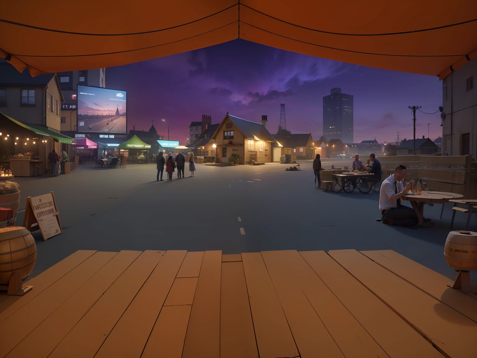Oktoberfest evening,The vista sky is blue-purple,There is a little construction,The ground is slate,There are buildings and barrels on both sides,and a few characters,The close-up view is topped by a shed with lights,The ground is planked,There are tables and chairs on both sides --auto