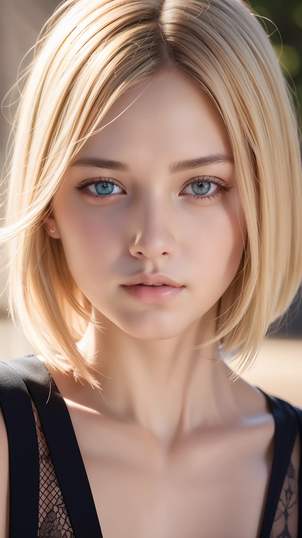 ((best quality)), ((ultra res)), ((photorealistic)), (intricate details), 19 years old, blonde hair, perfect face, make up:1.5, light on face, face detail, short hair,