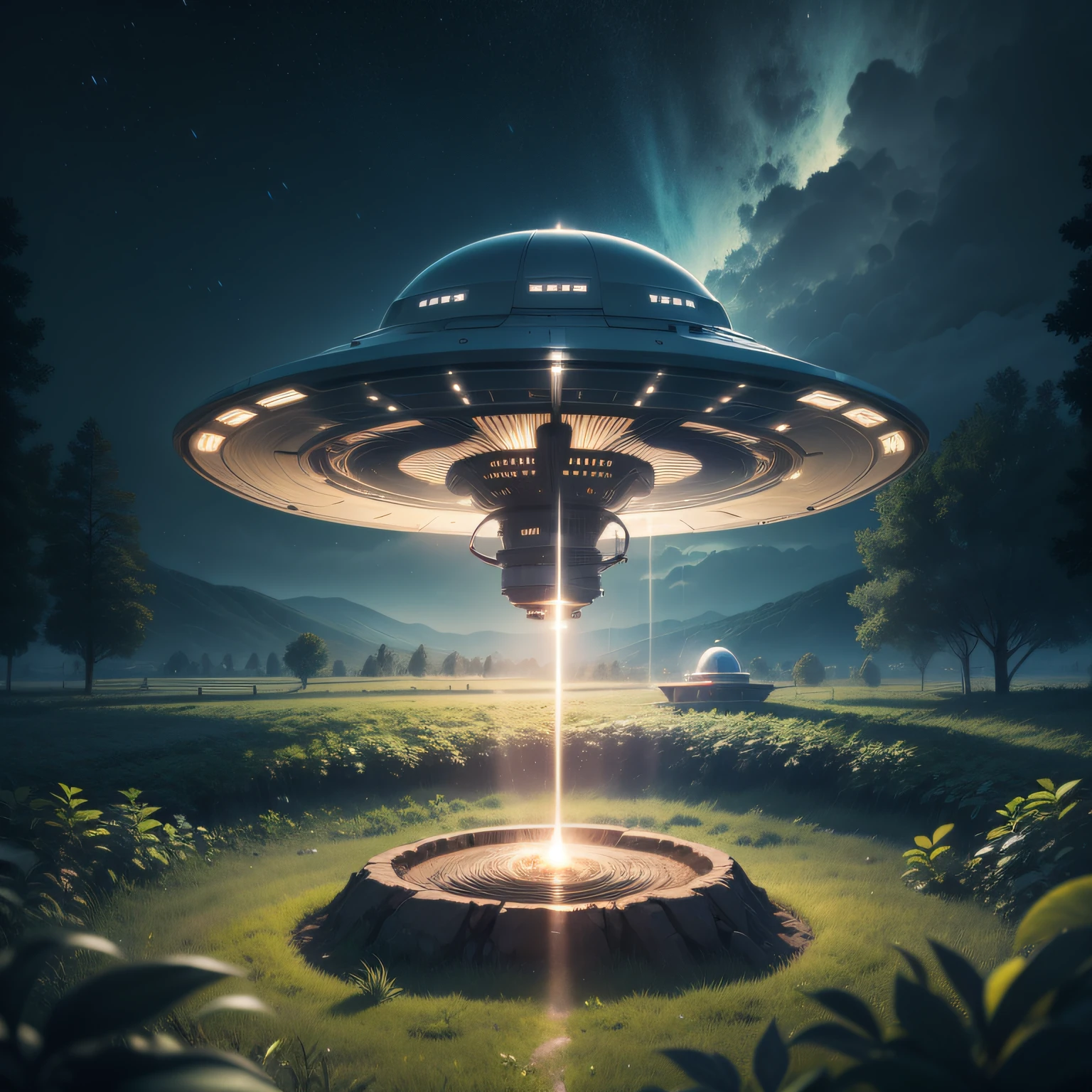 um disco voador, OVNI, ufo,  em formato de prato, imagem mostrando a parte de cima do ufo, esta parado sobre um campo de cultivo de milho, imitindo um brilho de luz verde na sua parte de baixo