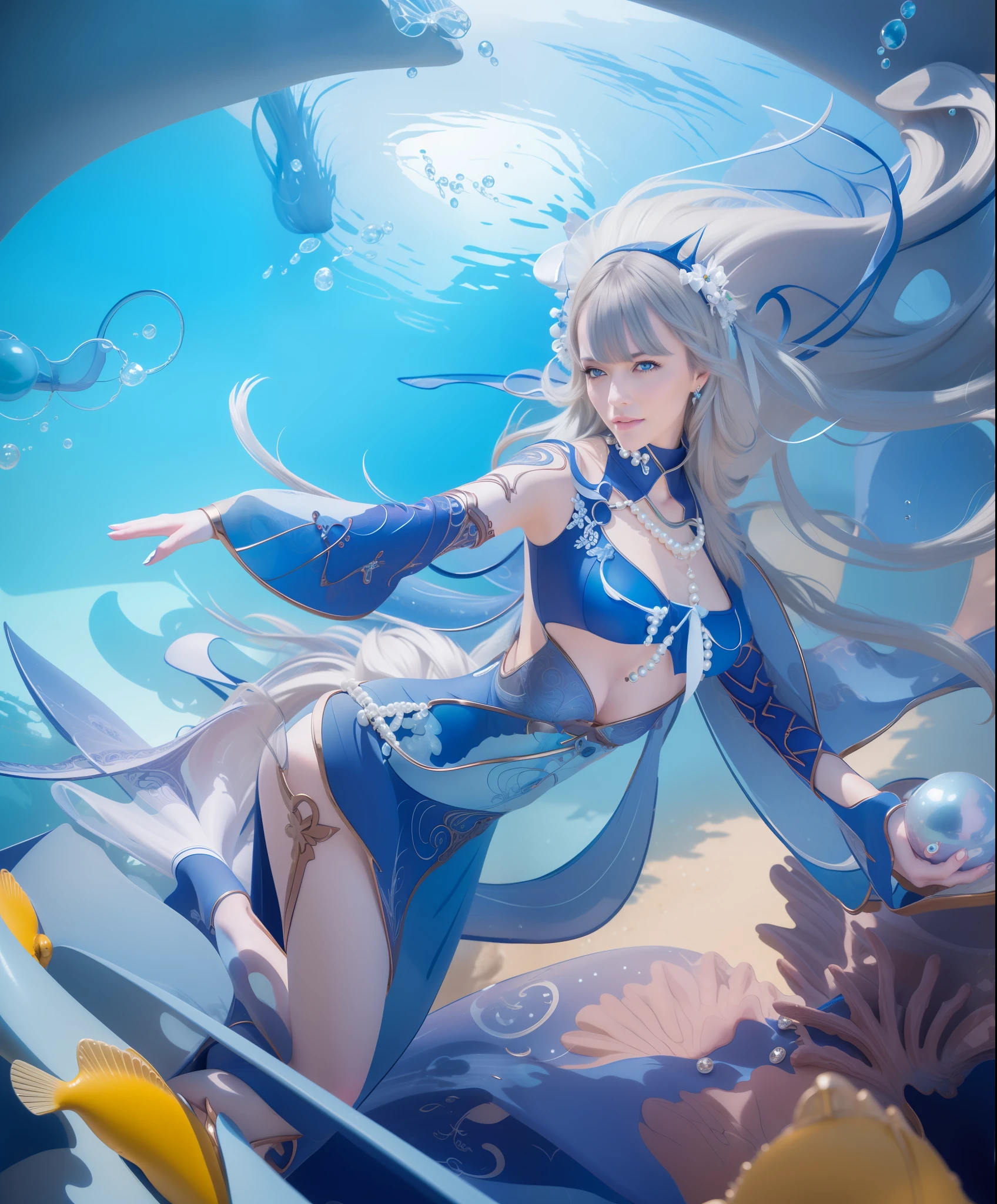 Woman, beautiful face, piercing gaze, smile, blue eyes, Sexy blue dress, long white hair with perfect pearl necklace, ultra realistic, photorealistic, masterpiece, detail, Under the sea, perfect face, high heels