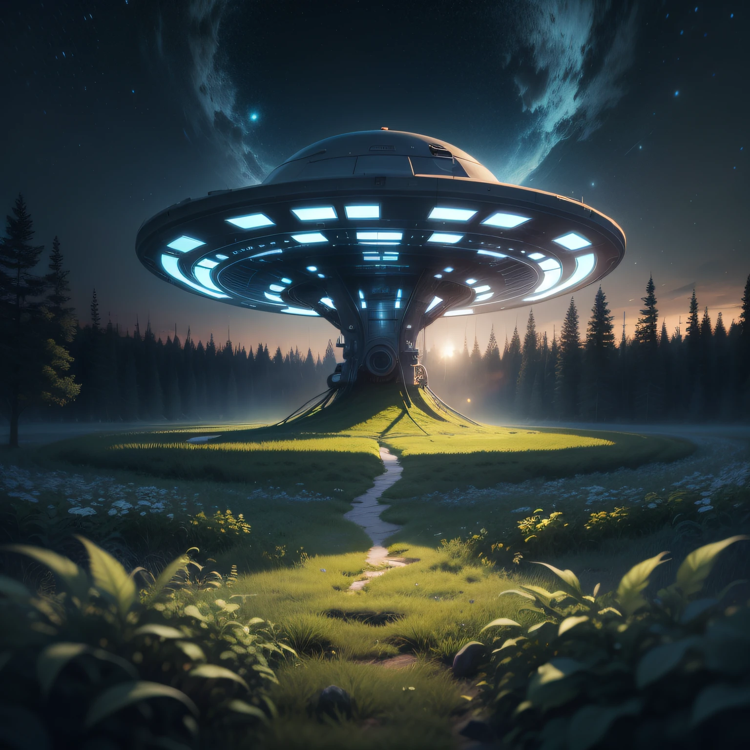 um disco voador, OVNI, ufo, em formato de prato, imagem mostrando a parte de cima do ufo, esta parado sobre um campo de cultivo de milho, imitindo um brilho de luz verde na sua parte de baixo