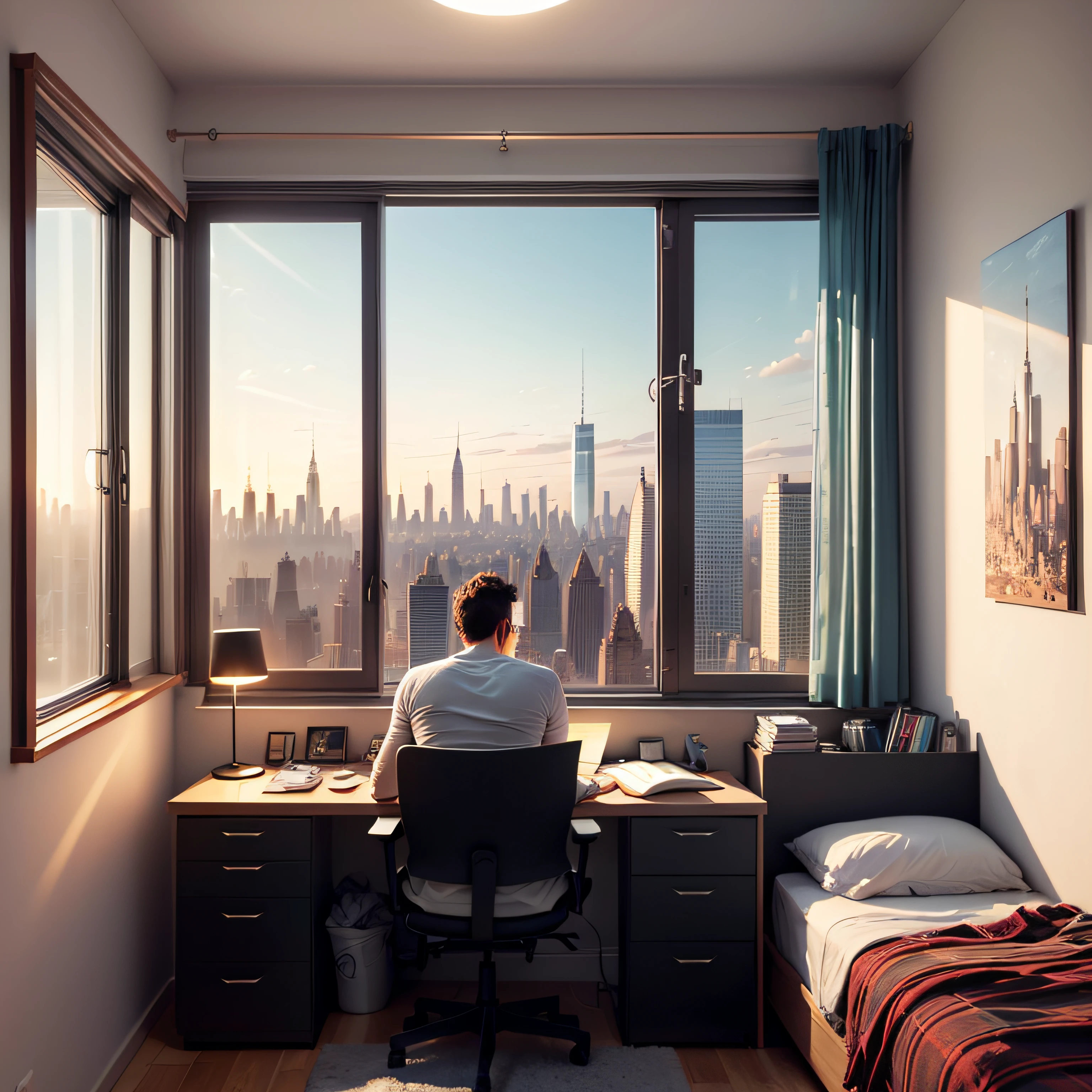 um homem estudando em um notebook, ele esta no quarto de seu apartamento extremamente luxuoso e caro, nesta imagem a vista de fundo tem que ser uma janela grande e comprida com a vista de nova york --auto
