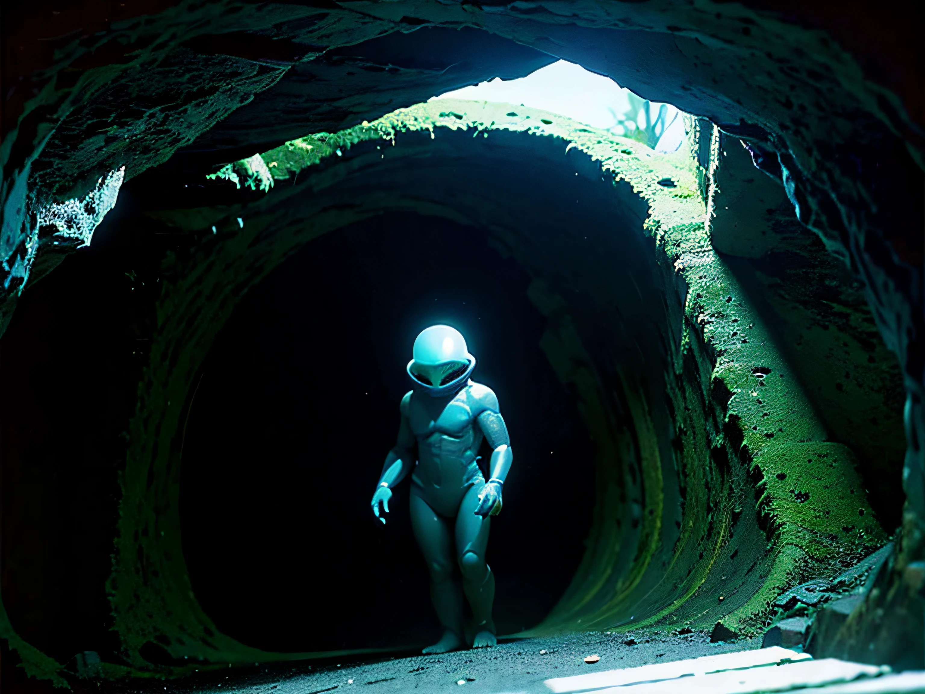 an alien, translucent color, fluid genre, with plastic texture, in a cave, horizon visible, dramatic , realistic. foam, cartoon, vintage