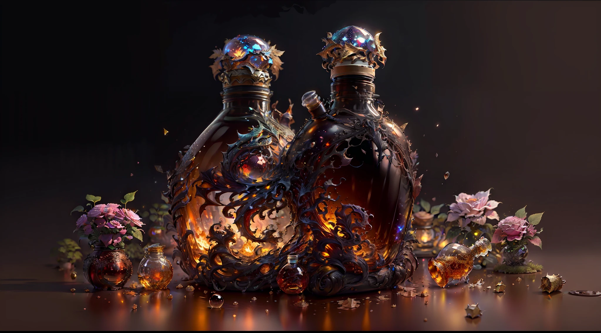 (Concept Art), (Intricate Forest Mini Town, Village, Starry Sky, Landscape Trapped in a Bottle), Biome, Thick Glass, Weathered, Atmospheric Oliva Lighting, On the Table, 4k UHD, Dark Resonance, Ultra Detailed, Vivid Colors, Epic Composition, Octane Rendering, Sharp Focus, Detailed, Complex, (Reflection, Refraction, Caustics: 0.6), (High Resolution Equidistance), 8K