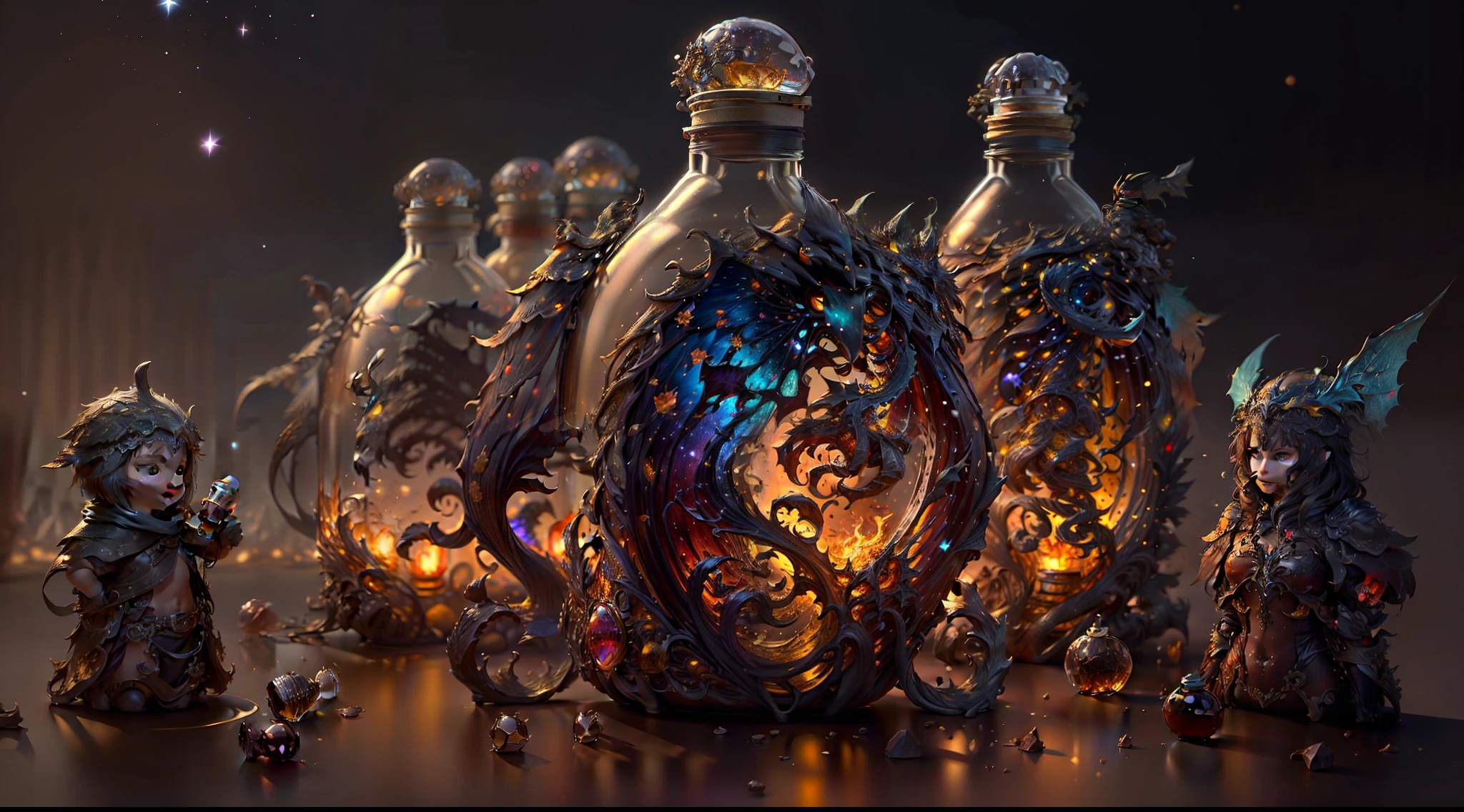 (Concept Art), (Intricate Forest Mini Town, Village, Starry Sky, Landscape Trapped in a Bottle), Biome, Thick Glass, Weathered, Atmospheric Oliva Lighting, On the Table, 4k UHD, Dark Resonance, Ultra Detailed, Vivid Colors, Epic Composition, Octane Rendering, Sharp Focus, Detailed, Complex, (Reflection, Refraction, Caustics: 0.6), (High Resolution Equidistance), 8K