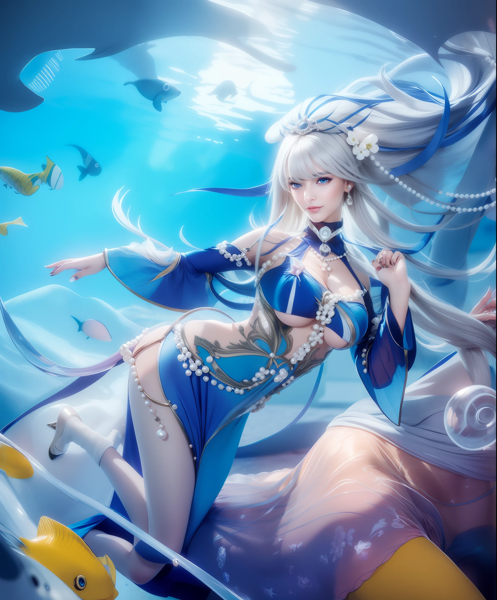 Woman, beautiful face, piercing gaze, smile, blue eyes, Sexy blue dress, long white hair with perfect pearl necklace, ultra realistic, photorealistic, masterpiece, detail, Under the sea, perfect face, high heels