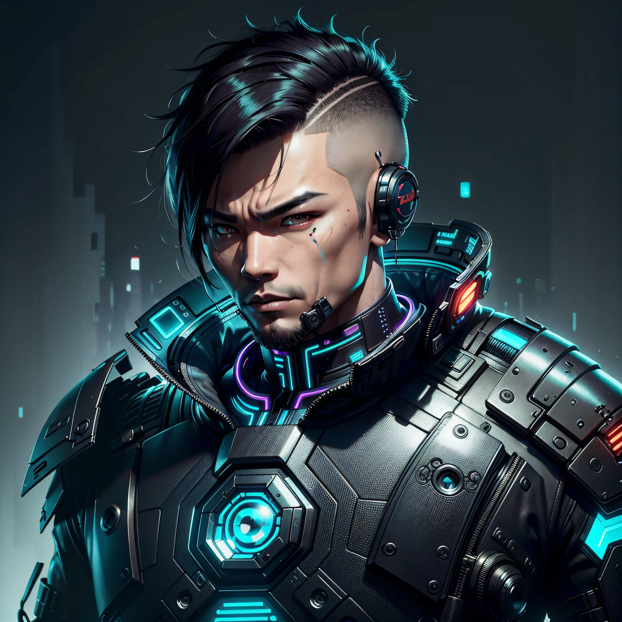 Create an Asian man cyberpunk style, futuristic background, short hair, futuristic cyber suit, (best quality), ((1:1 resolution), (face centered in the center of the image), avatar photo only, (head + shoulders), 8k resolution, highly realistic.