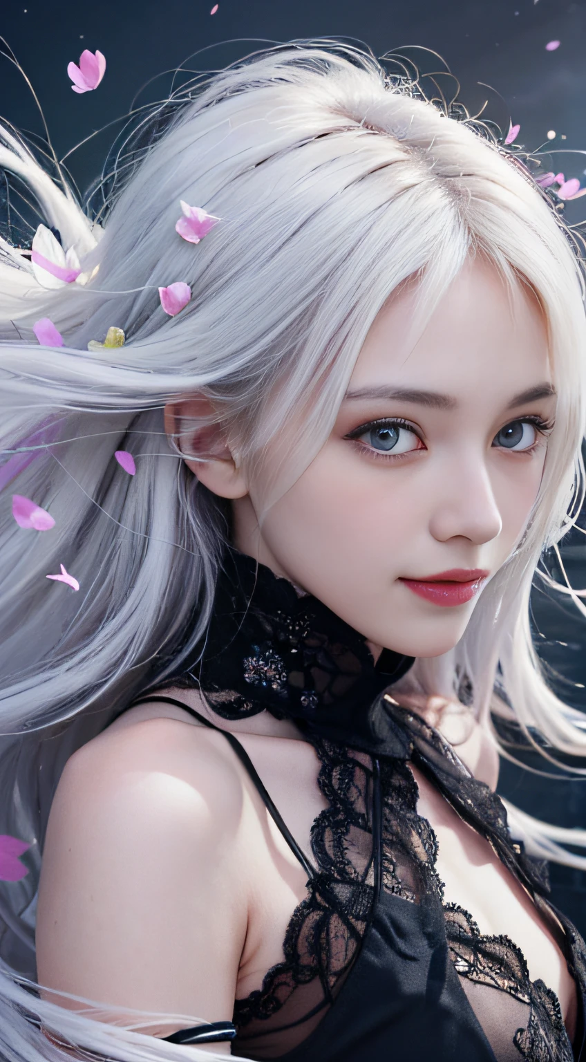 nsfw:1.5,masterpiece, best quality, 1girl, (colorful),(delicate eyes and face), volumatic light, ray tracing, bust shot ,extremely detailed CG unity 8k wallpaper,solo,smile,((flying petal)),(Flowery meadow) sky, cloudy_sky,moonlight, moon, night, (dark theme:1.3), light, fantasy, windy, magic sparks, dark castle,white hair,