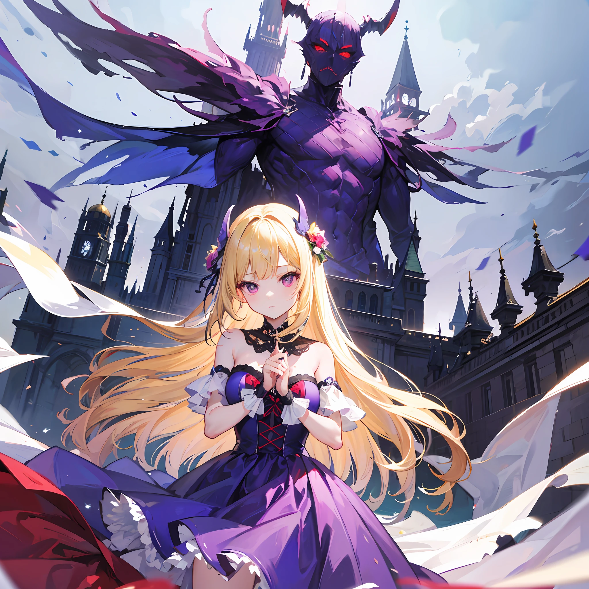 One blonde girl、red-eyed、Purple dress、Western castles
