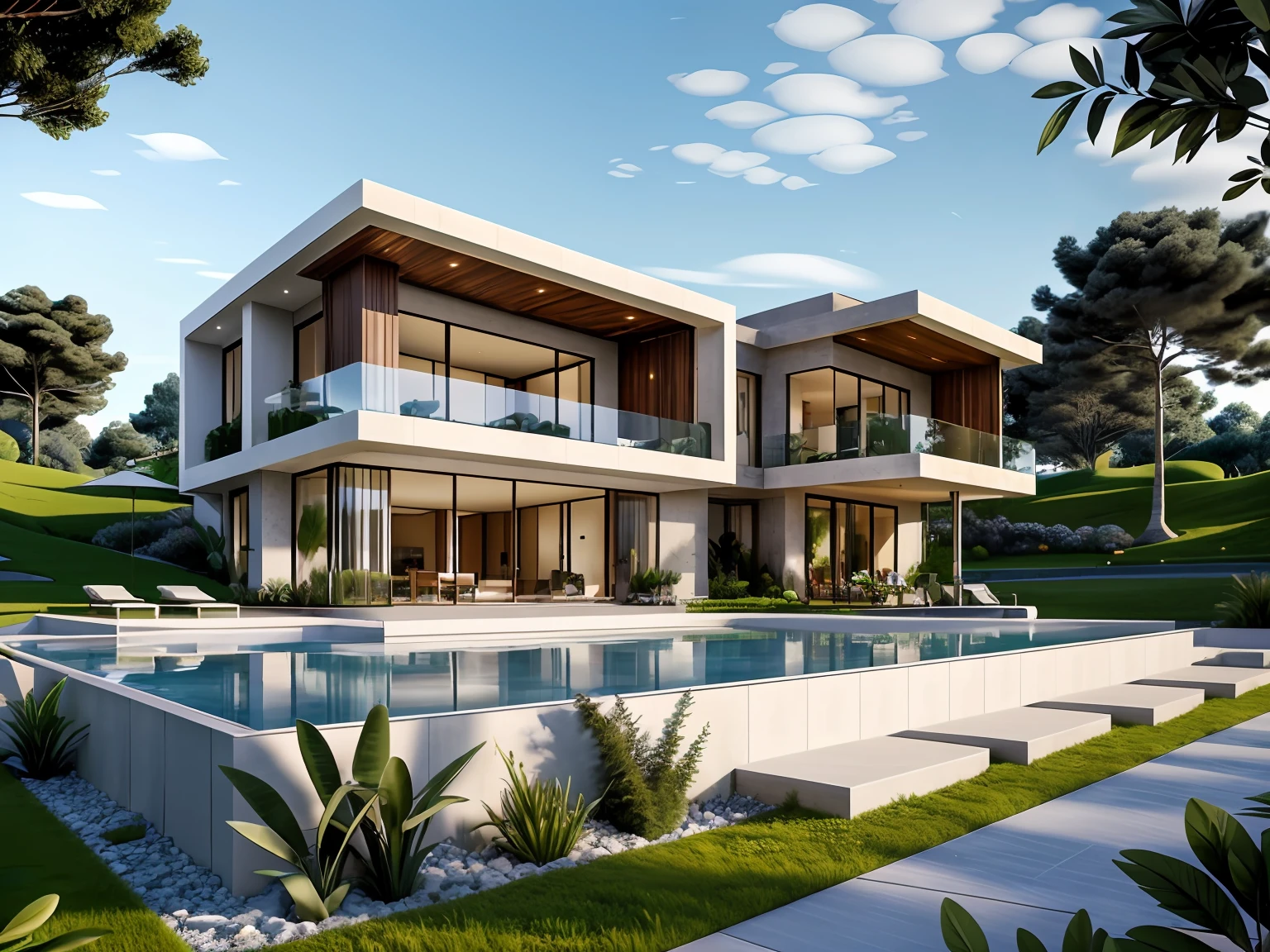 Modern House, Modern villa on the hill,Villa area,High-quality greening effect,During the Day,