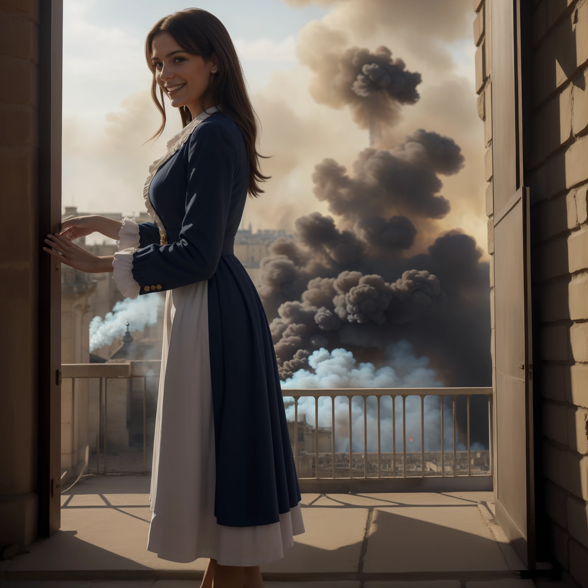 Mulher de 25 anos francesa, caucasiana, sardasde olhos claros, cabelo ruivo preso, with humble dress of the eighteenth century, Feliz, melhor sorriso, aliviada, comemorando, in the background the seizure of the Bastille prison by many French, lots of smoke and fire in the windows, France flag on wall, DELACROIX, dramaticidade, Epic, fotorrealista, hd, 8k, Foto RAW