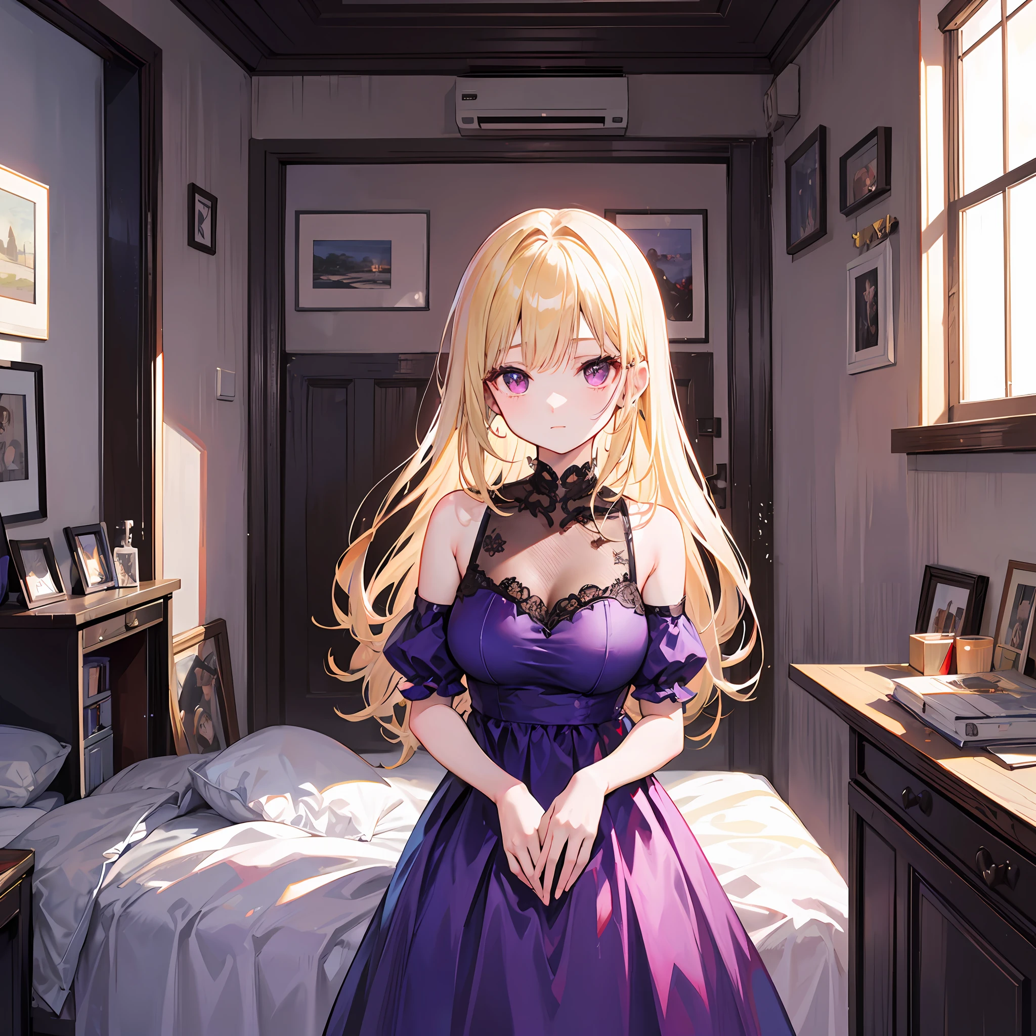 One blonde girl、red-eyed、Purple dress、inside room