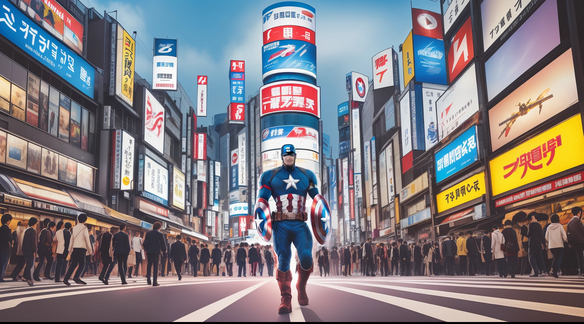 captain america，Marvel Universe characters，The streets of Shibuya, Tokyo，walk，Tokyo, Japan，Bustling area，sunbeam，futurism，full body in shot，Positive perspective，8K resolution.