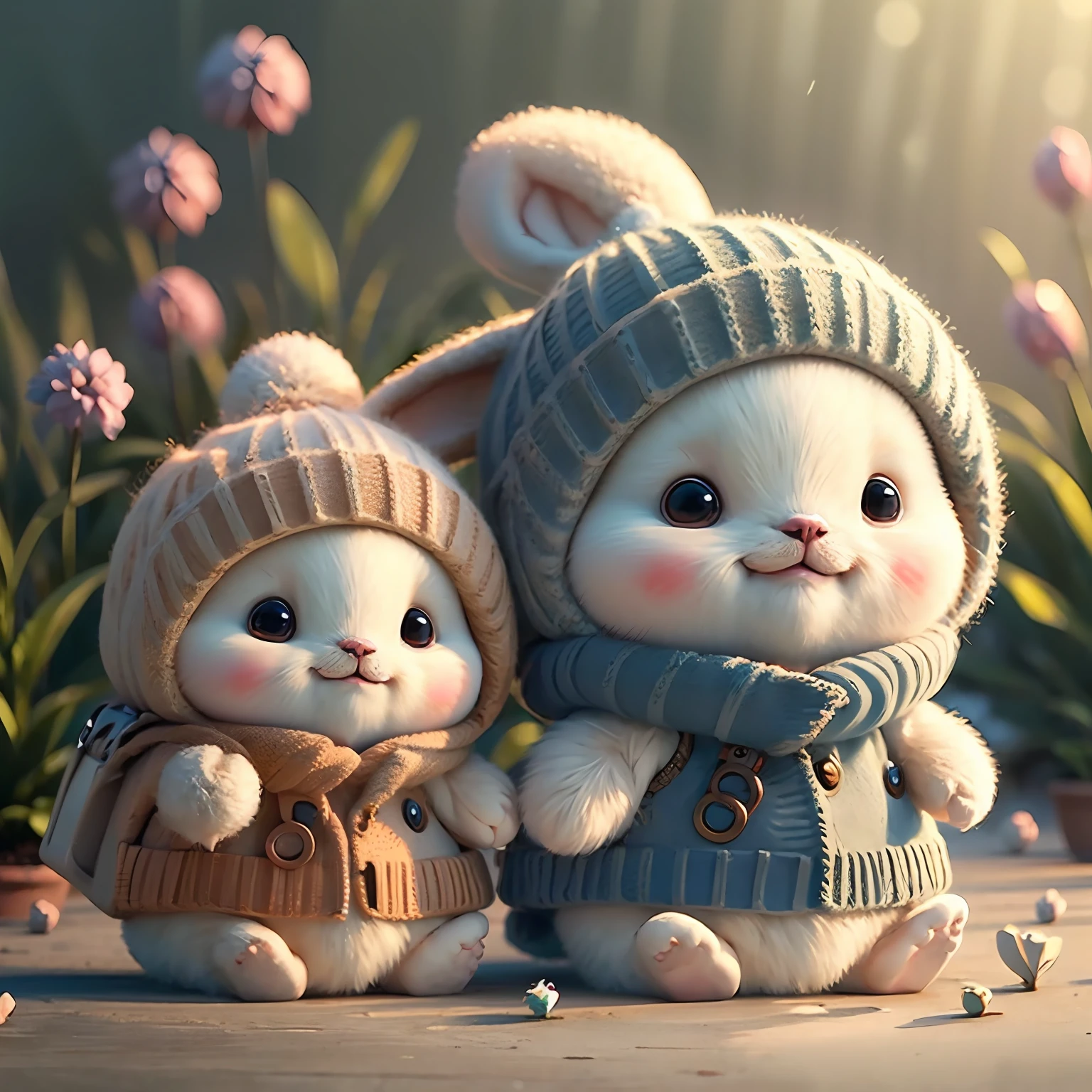 holding camera, tree_stump, flowers, adorable , fluffy, photorealistic, soft lighting,