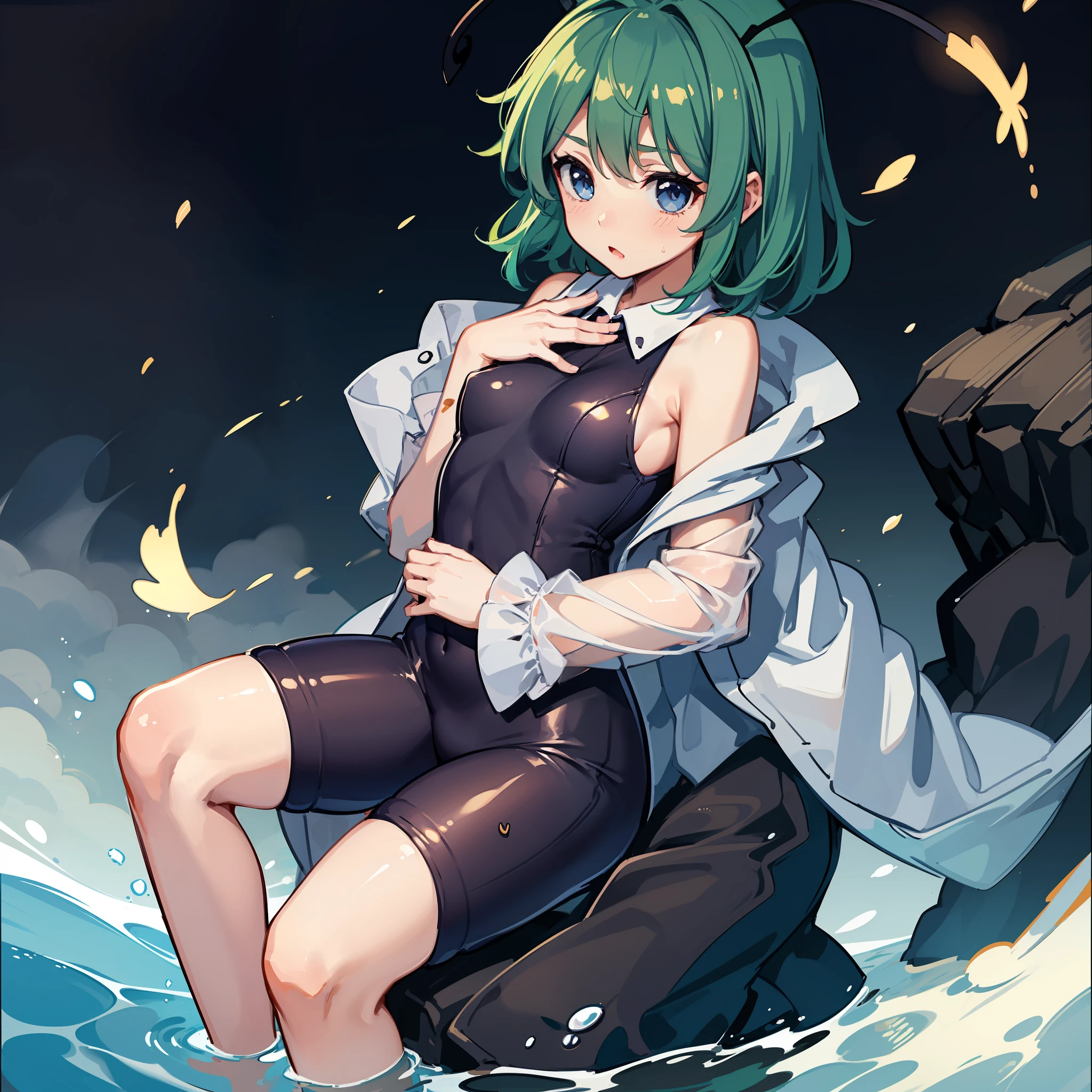 1girls, Yakumo Riggle Night Bug(Touhou Project)、独奏, swimming suit, Separate swimwear, small boobs,,, schoolswimsuit, Blue eyes,Green hair、short hair,, shyness, blushed, BEATCH