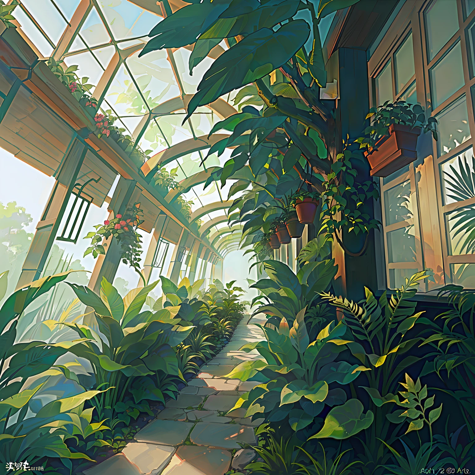 Conservatory garden,There are many small potted plants of different sizes in the glass house,
Photonic mapping,Radiance,Auto white balance,Best quality,Ultra-high resolution,lifelike,Physical rendering
