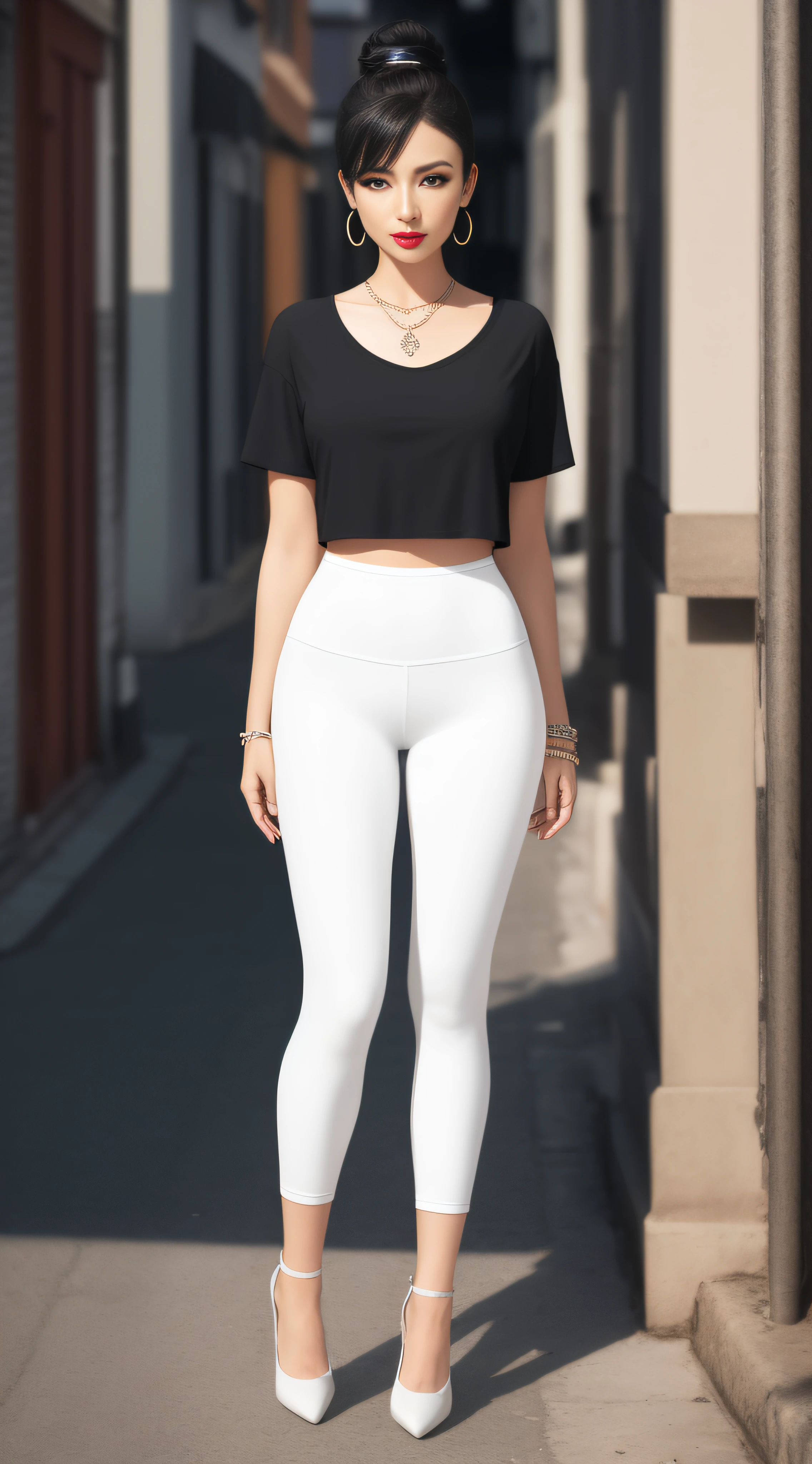 (Same character, frontal), ((best quality)), ((Masterpiece)), ((Ultra High resolution)), (Intricate details), (soft lighting), Lens flare, shadows, backlight, natural lighting, depth of field, cinematic, dramatic, composition, clear sky, fauvism, surreal, epic, awe, crazy level of detail, 1 woman, (beautiful body), (white top) (tight t-shirt), white leggings, high heels, (full body shot), (Black hair: 1.5), high ponytail, 35mm, sharp, surreal, necklace, (detailed ornament), earrings, bracelets, ring, soft lips, pink lipstick, blue eyes, blonde ratio, wide shoulders, narrow waist, normal breasts, real human skin, street background, smile, blush, full body, standing, detailed face, detailed body, mesh, (full body: 1.6), (bokeh: 1.1), skyline, (reality: 1.4), looking at the audience, double eyelids, (standing: 1.3), facing viewer, full body photo (FLS), arms at sides, thigh gap, single, vanishing point, full body, standing