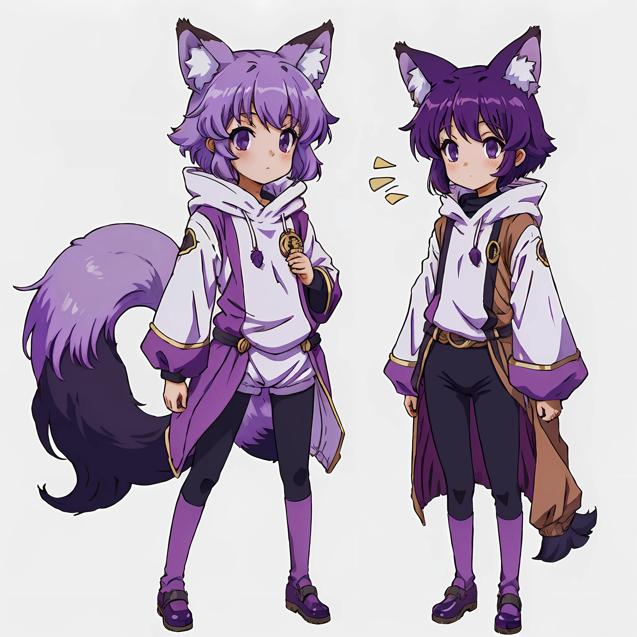 Fox ears、Fox tail、Purple hair、Kigurumi、Standing Picture、short stature、a small、White background、Simple background、((Um corpo inteiro))、((masterwork))、((Anime filling))、Game Fill