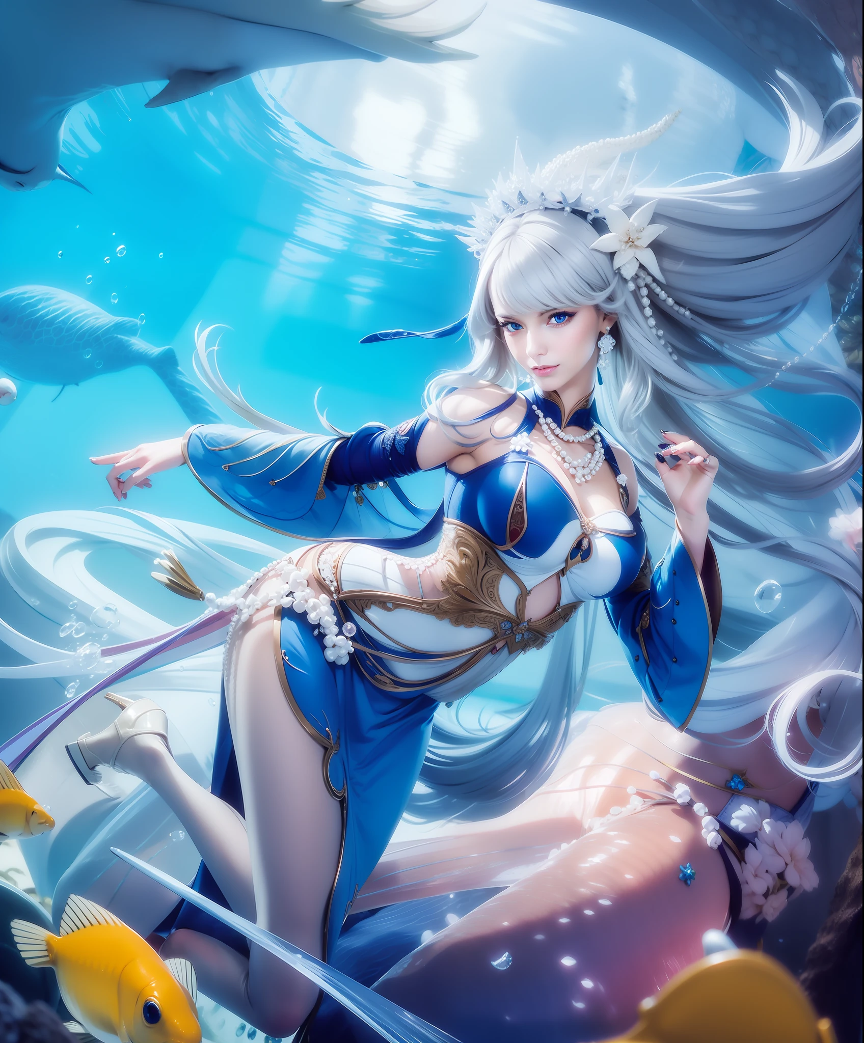 Woman, beautiful face, piercing gaze, smile, blue eyes, Sexy blue dress, long white hair with perfect pearl necklace, ultra realistic, photorealistic, masterpiece, detail, Under the sea, perfect face, high heels
