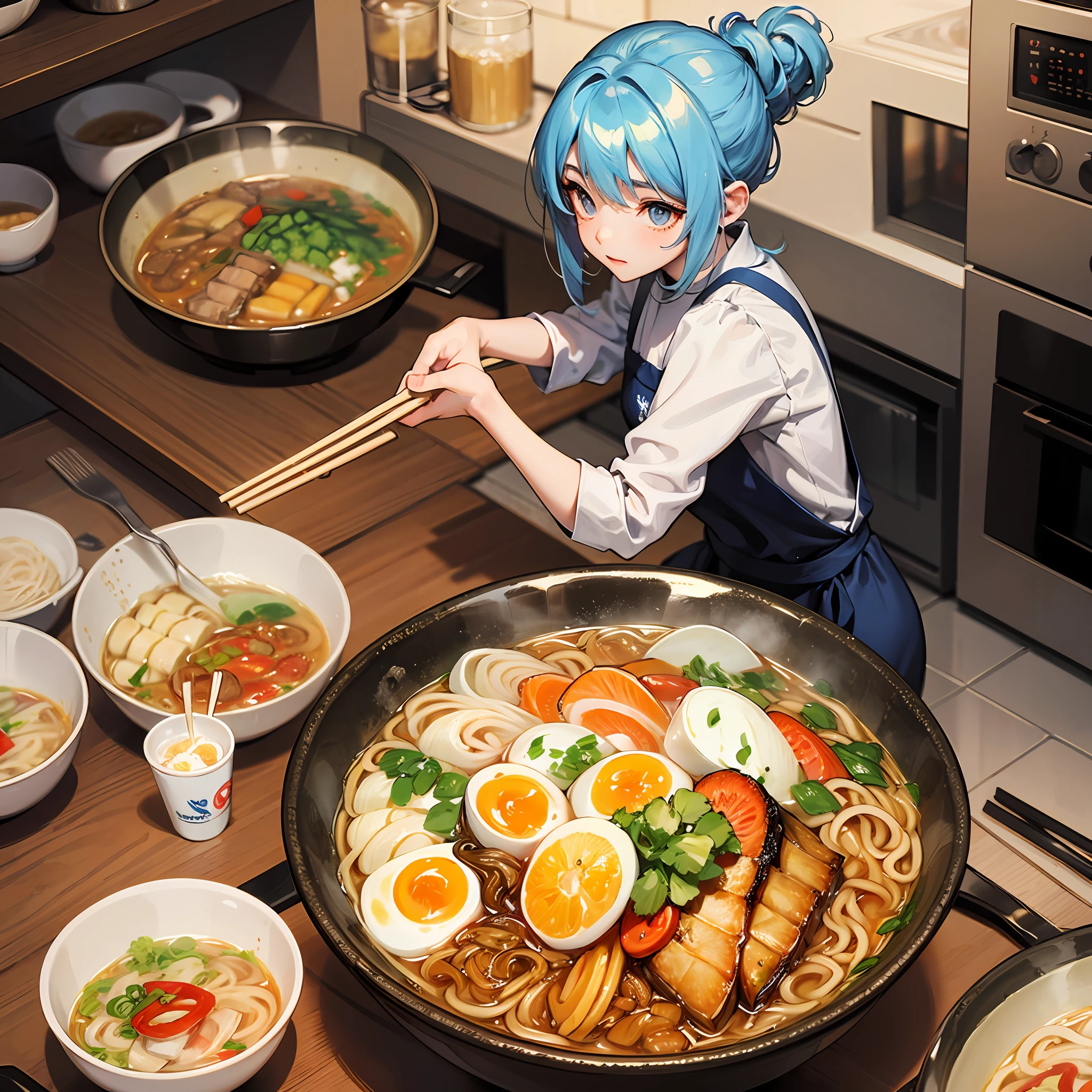 Illustration style　Masterpiece　Delicious ramen🍜　Serve　The girl who makes ramen is a white fluffy apron　Blue hair in a ponytail　Kitchen with white tones --auto