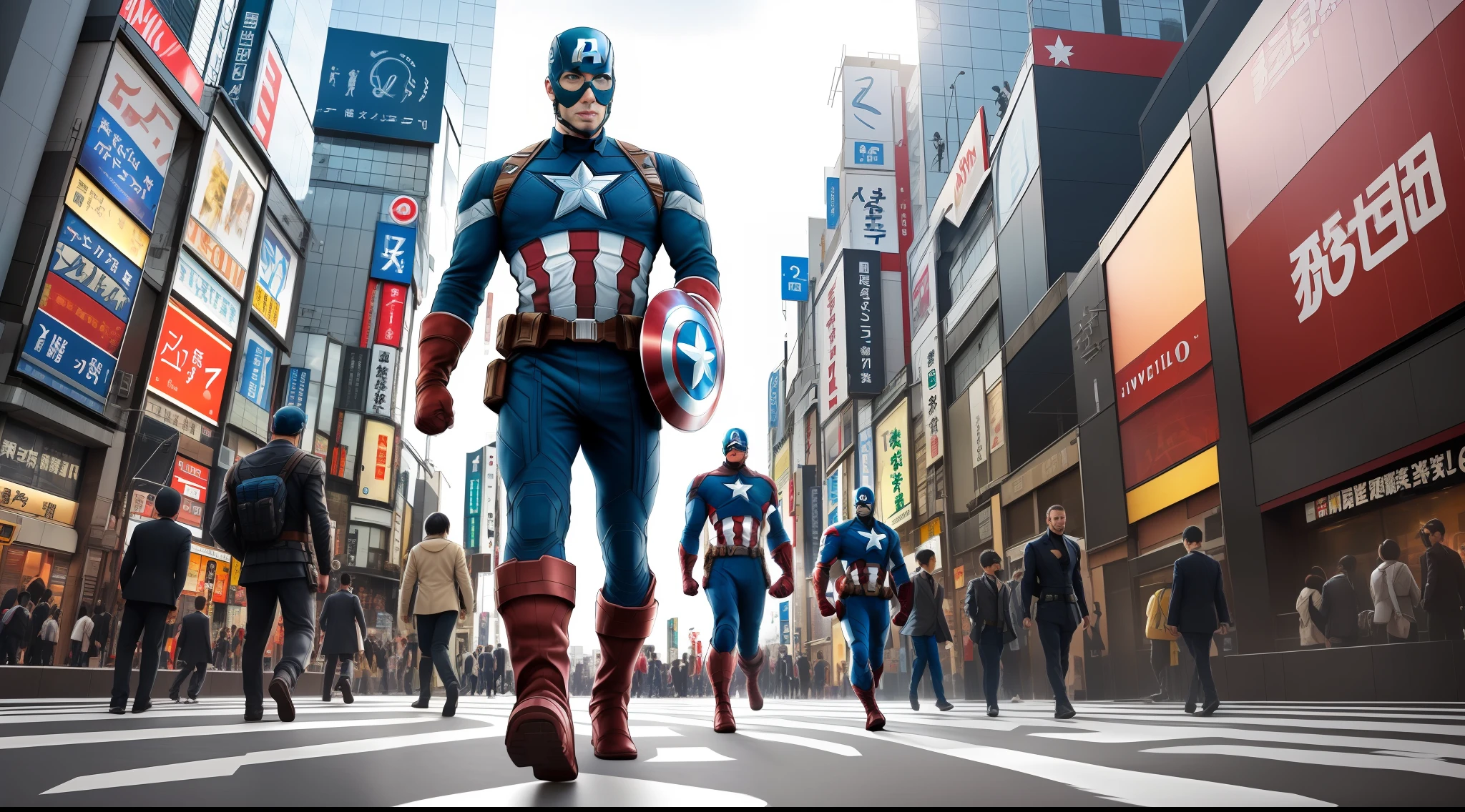 captain america,Marvel Universe characters,The streets of Shibuya, Tokyo,walk,Tokyo, Japan,Bustling area,sunbeam,futurism,full body in shot,Positive perspective,8K resolution.