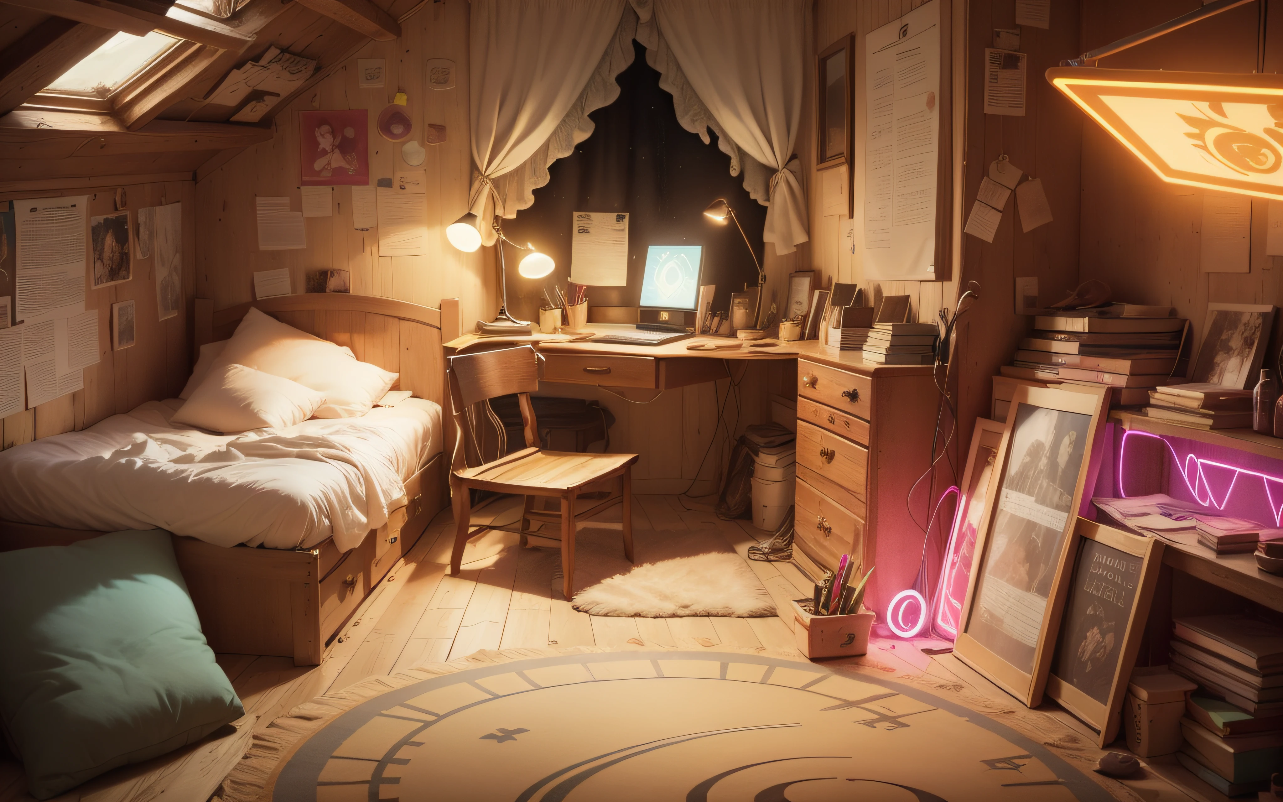 gravity falls, background, mistery, fantasy, cinematographic light, neon --auto