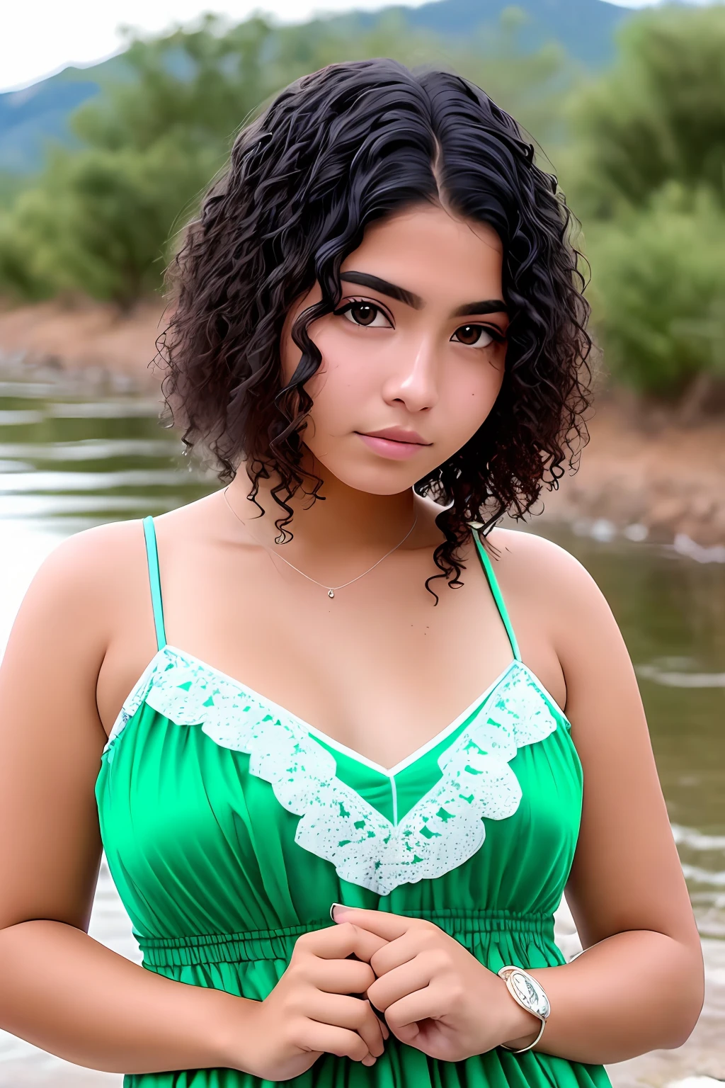 Joven mexicana con cabello negro y ojos verdes en una fuente de agua rn Michoacan con vestido corto