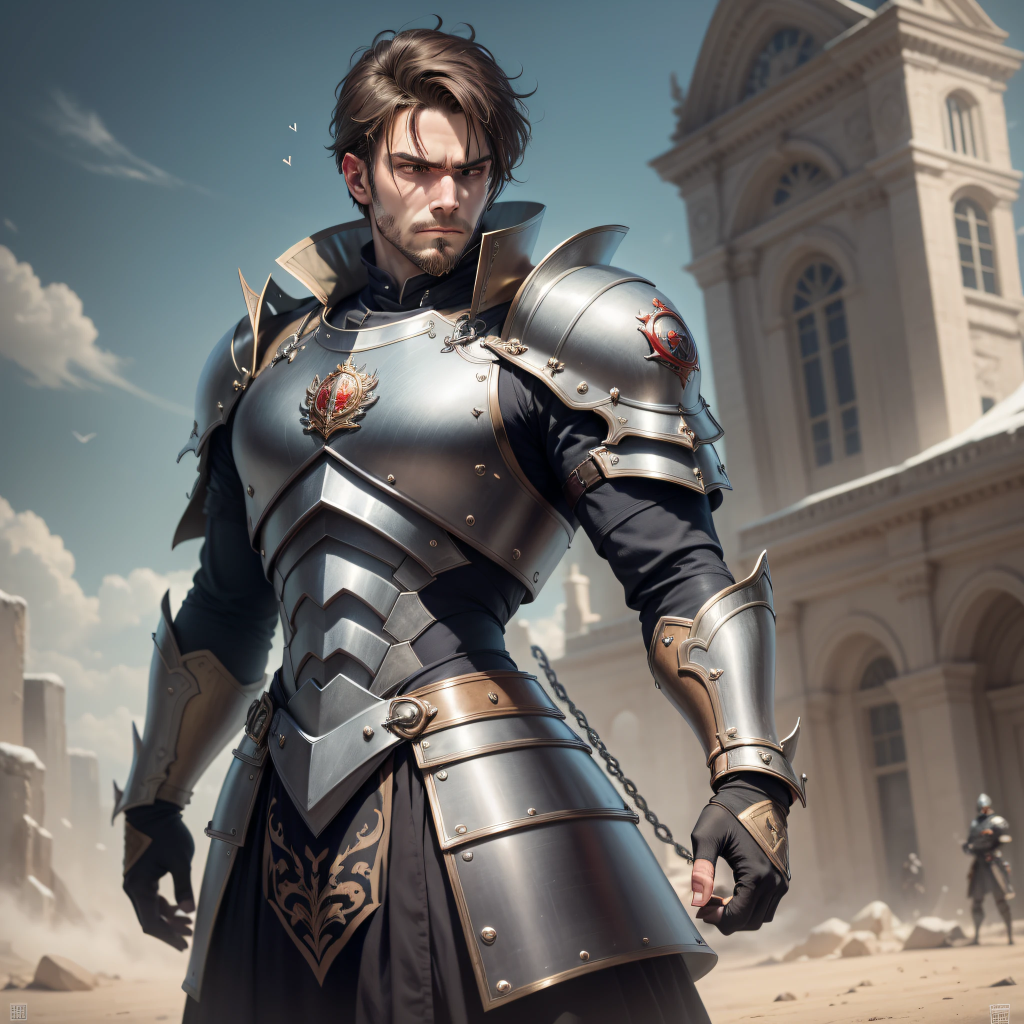 Sir Sebastian Valerian is a man of imposing presence and athleticism. Com cabelos escuros e curtos, He displays a determined expression on his angular face. Seus olhos intensos, of the color of steel, reflect the courage and dedication he has in his heart.
His posture is upright and proud, reflecting his noble lineage and his position as the firstborn of the House of Dragons of Mediovale. Ele veste uma armadura reluzente, that combines functionality and elegance, destacando sua destreza e habilidade como cavaleiro.