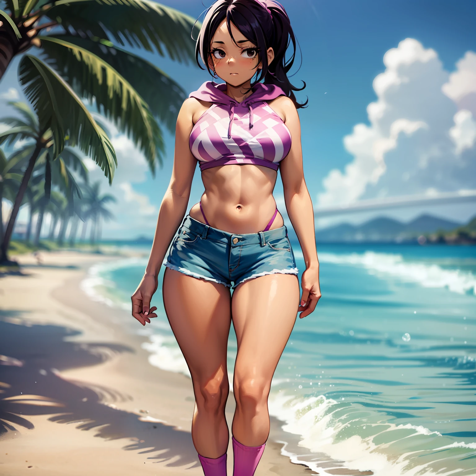 Ronnie Anne, hoodie, shorts, black eyes, ponytail, tanned skin, full body, curvy arms, defined legs, beautiful, pose, in the beach, long socks, curvilinear legs, standing near the water