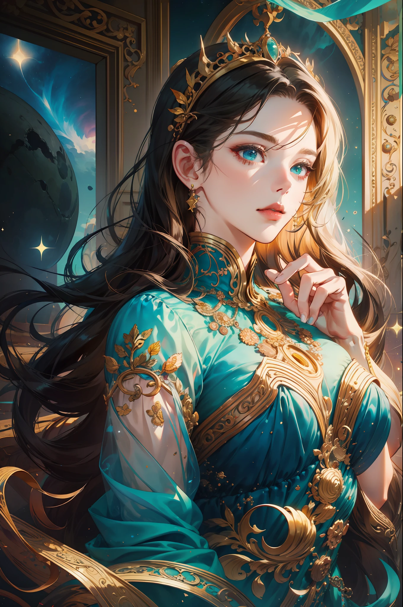 A beautiful girl,22years old,Sexy theme, Perfect face shape, Oversize models, Mature woman, Tall and long legs, Magical feeling,Flight attendant style,Green and gold summer dress,Long messy hair,cheerfulness,Um corpo inteiro,Hand details,Finger details,Beautiful anime Huaifu style girl,Super detailed drawing,Luminescence,Art concept art by Kahngriffith and Vadim Kashin,A beautiful maiden sitting in cabin background,Abstract beauty,Stand,nearing perfection,Pure form,Golden ratio,ConceptArt,author:Brian Froud、Wadim Kashin and John William Waterhouse,Complex Details,16k post-production,high resolutions,ultra-details,Artstation trends,Sharp focus,studio photo,Complex Details,highly detailed,Summer starry sky