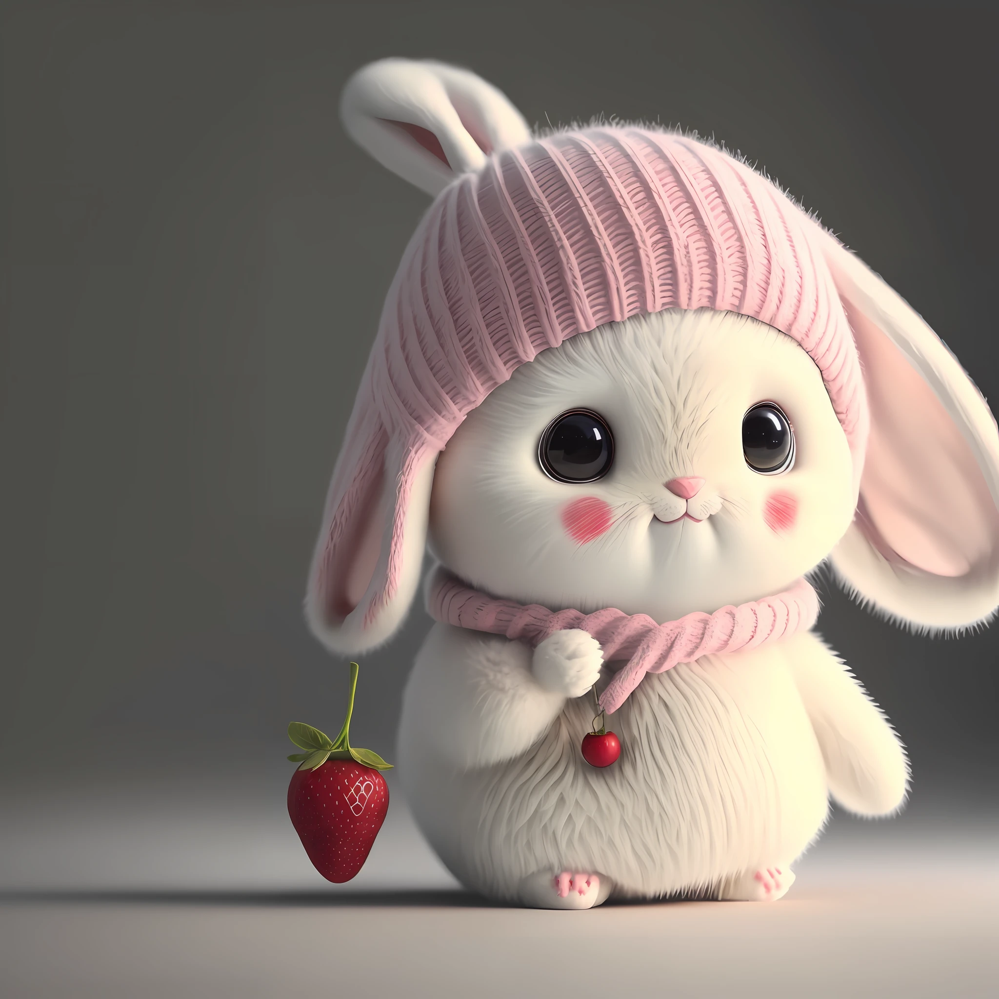 : 3. bunny, realistic, furry animal, apple, black eye, blush, cherry, food, fruit, full body, hat, non-human, strawberry, tomato, watermelon