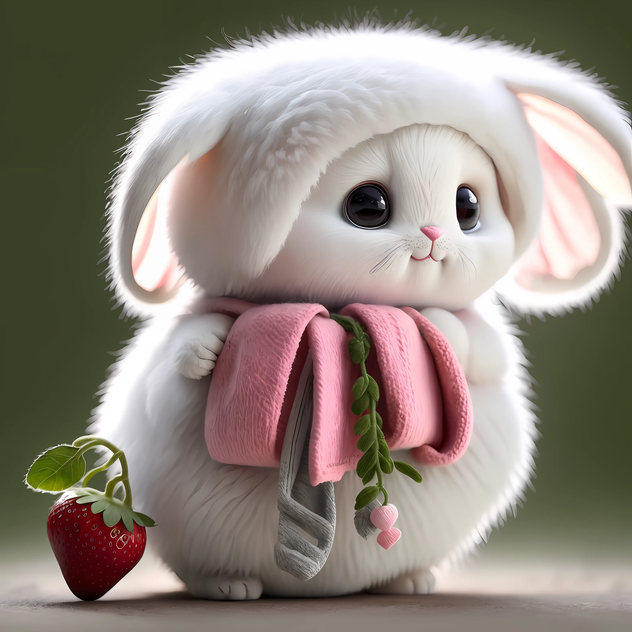 : 3. bunny, realistic, furry animal, apple, black eye, blush, cherry, food, fruit, full body, hat, non-human, strawberry, tomato, watermelon