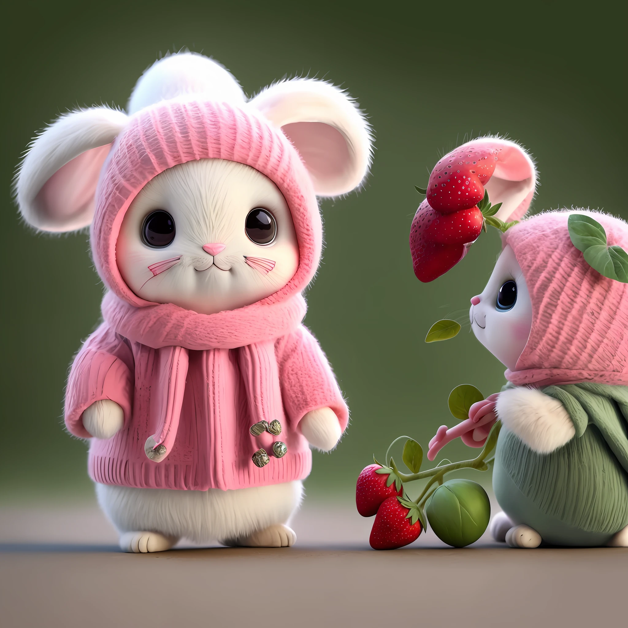 : 3. bunny, realistic, furry animal, apple, black eye, blush, cherry, food, fruit, full body, hat, non-human, strawberry, tomato, watermelon