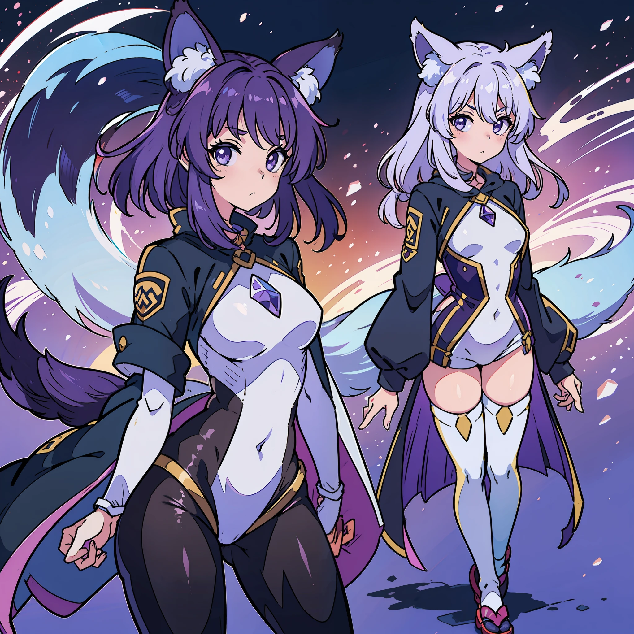 Fox ears、Fox tail、Purple hair、Kigurumi、Standing Picture、Shorter、a small、Um corpo inteiro、White background、Simple background、((Um corpo inteiro))、((masterwork))、((Anime filling))、anime character