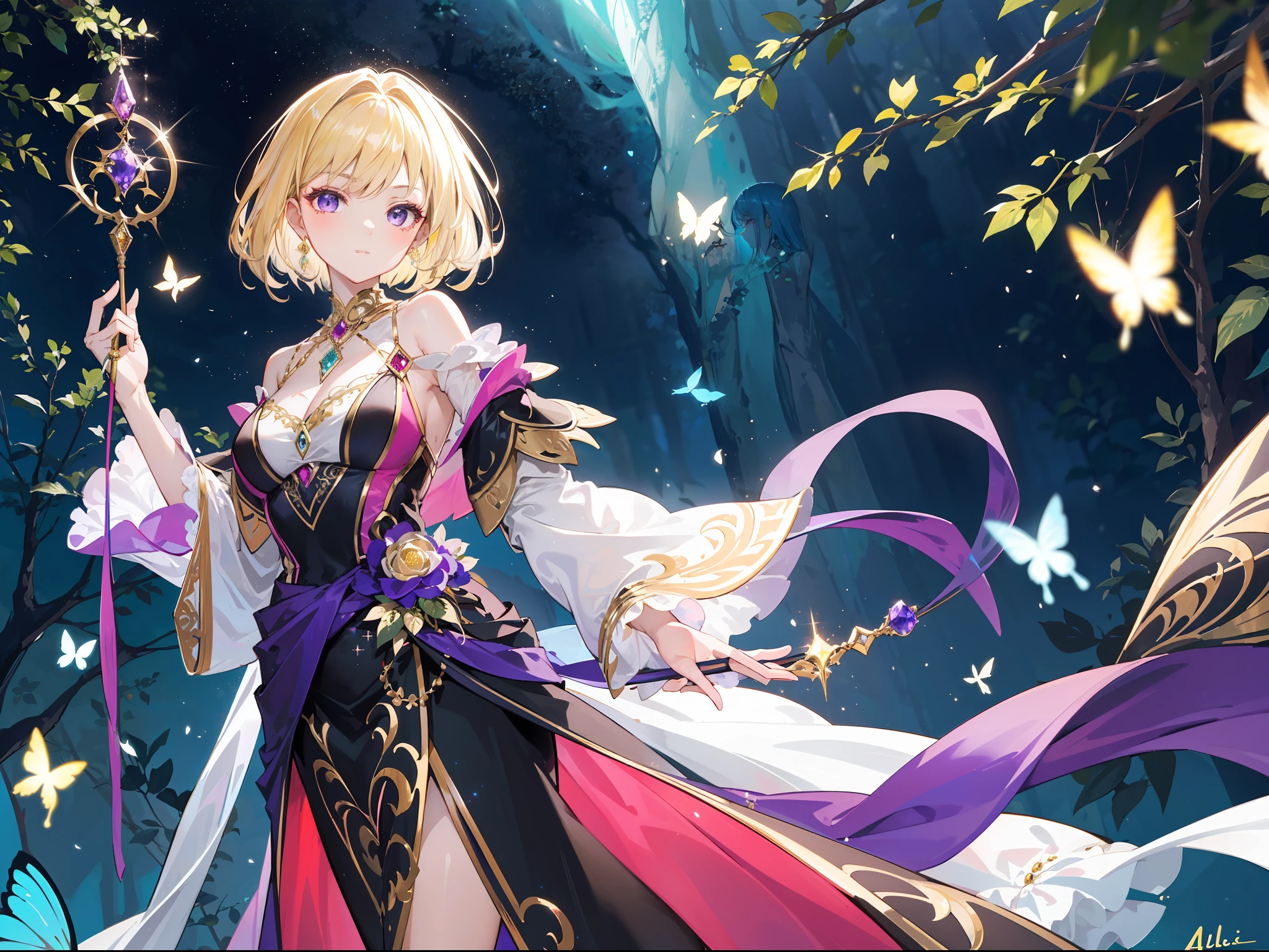 "Draw Althea, a charming young witch, with her flowing dark blonde hair. Her hair is long, reaching down to her waist, exuding an elegant and mysterious vibe.

She is wearing a graceful gown in a soft purple hue, accentuated with touches of gold on the trimmings and embellishments. The gown has a feminine and flared cut, exuding a regal and sophisticated aura.

In her right hand, Althea holds a dark-colored magical wand adorned with golden accents and a sparkling gemstone at its tip. From the wand's end, a radiant magical light emanates, reflecting the power she possesses.

Althea stands amidst an enchanted forest, surrounded by towering trees and vibrant foliage in various colors. Magical birds and shimmering butterflies flutter around her, creating an atmosphere filled with wonder.

Make sure to capture Althea's graceful and empowered expression on her face. Pay attention to the details of her attire and adornments, and add a touch of magic to the background with captivating colors and light effects."