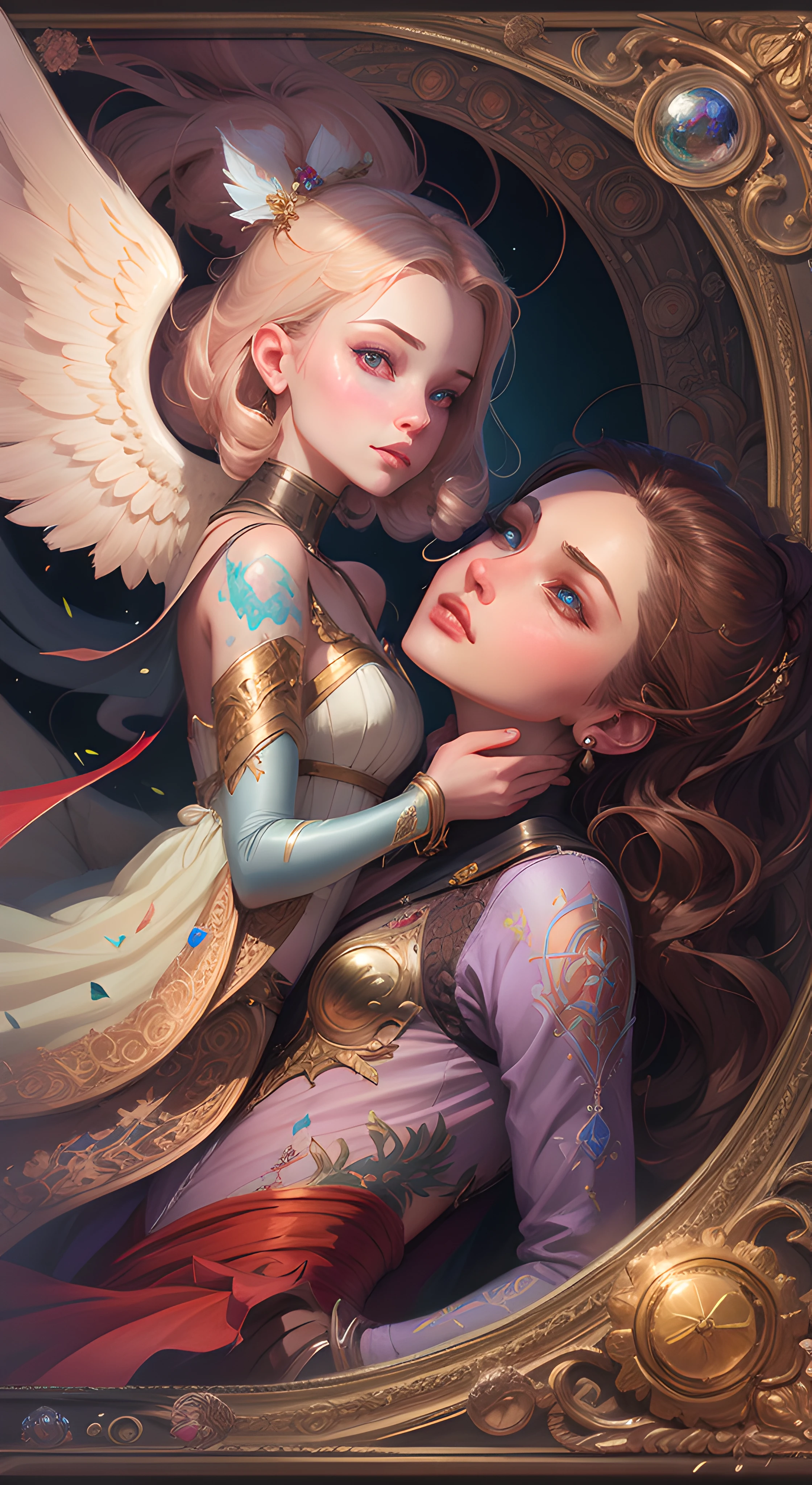 there is a painting of a woman and an angel in a frame, loish and wlop, wlop and andrei riabovitchev, neoartcore and charlie bowater, wlop and ross tran, fantasy art behance, artgerm julie bell beeple, beeple and jeremiah ketner, moebius + loish + wlop