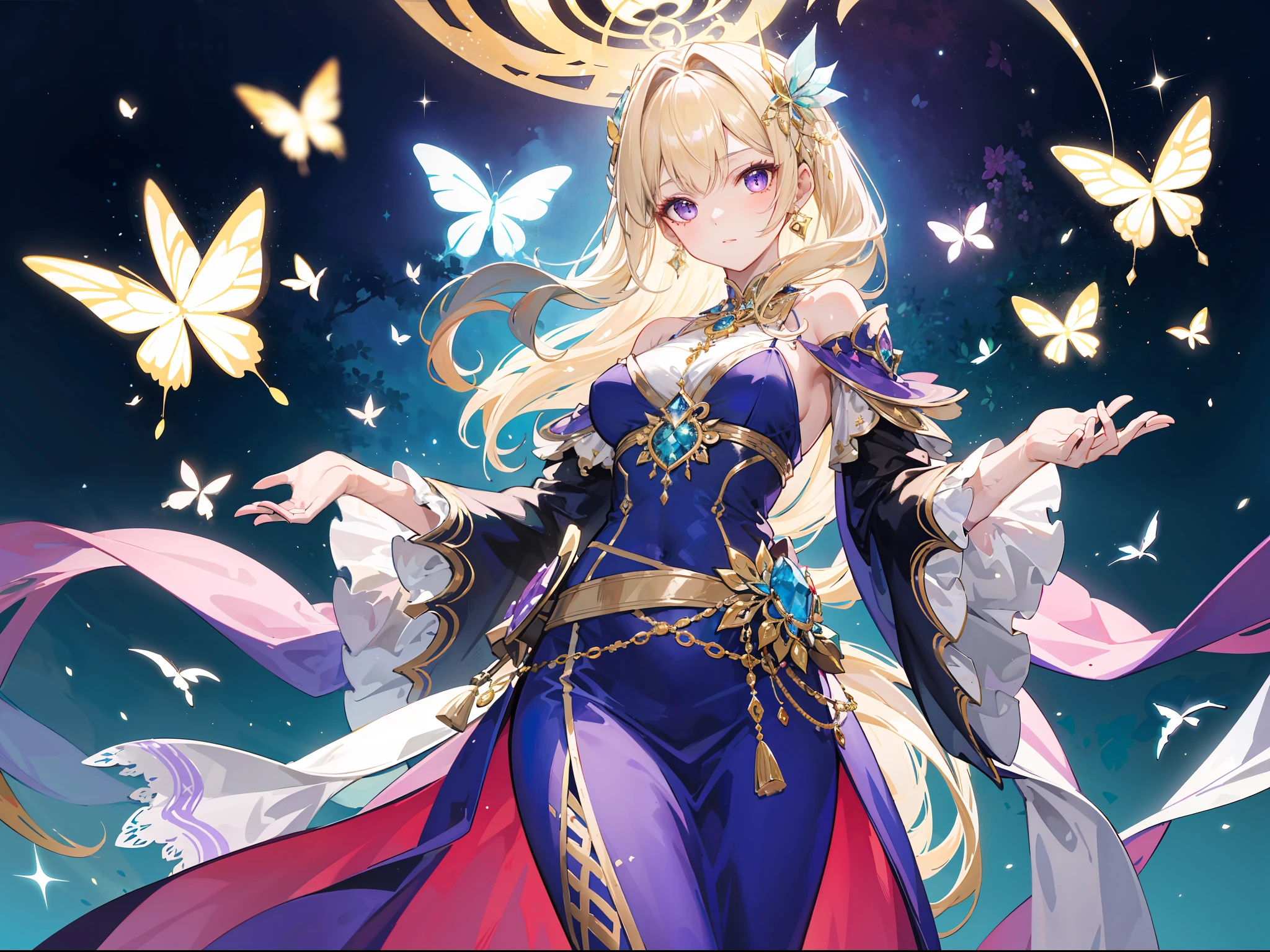 "Draw Althea, a charming young witch, with her flowing dark blonde hair. Her hair is long, reaching down to her waist, exuding an elegant and mysterious vibe.
She is wearing a graceful gown in a soft purple hue, accentuated with touches of gold on the trimmings and embellishments. The gown has a feminine and flared cut, exuding a regal and sophisticated aura.
In her right hand, Althea holds a dark-colored magical wand adorned with golden accents and a sparkling gemstone at its tip. From the wand's end, a radiant magical light emanates, reflecting the power she possesses.
Althea stands amidst an enchanted forest, surrounded by towering trees and vibrant foliage in various colors. Magical birds and shimmering butterflies flutter around her, creating an atmosphere filled with wonder.
Make sure to capture Althea's graceful and empowered expression on her face. Pay attention to the details of her attire and adornments, and add a touch of magic to the background with captivating colors and light effects."