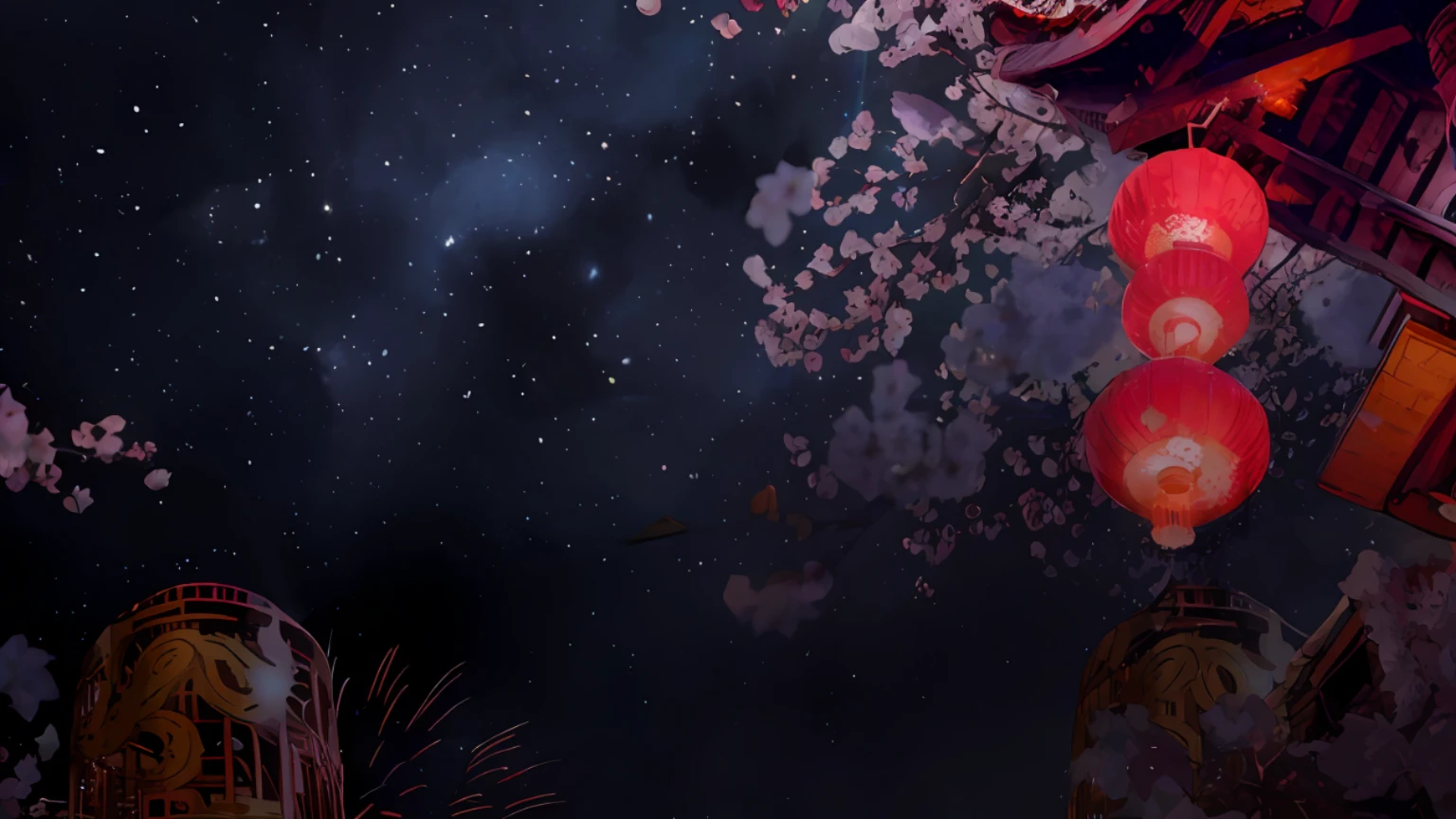 Starry sky at night,under a cherry blossom tree,Ancient architecture,A string of red lanterns,An ultra-high picture quality,