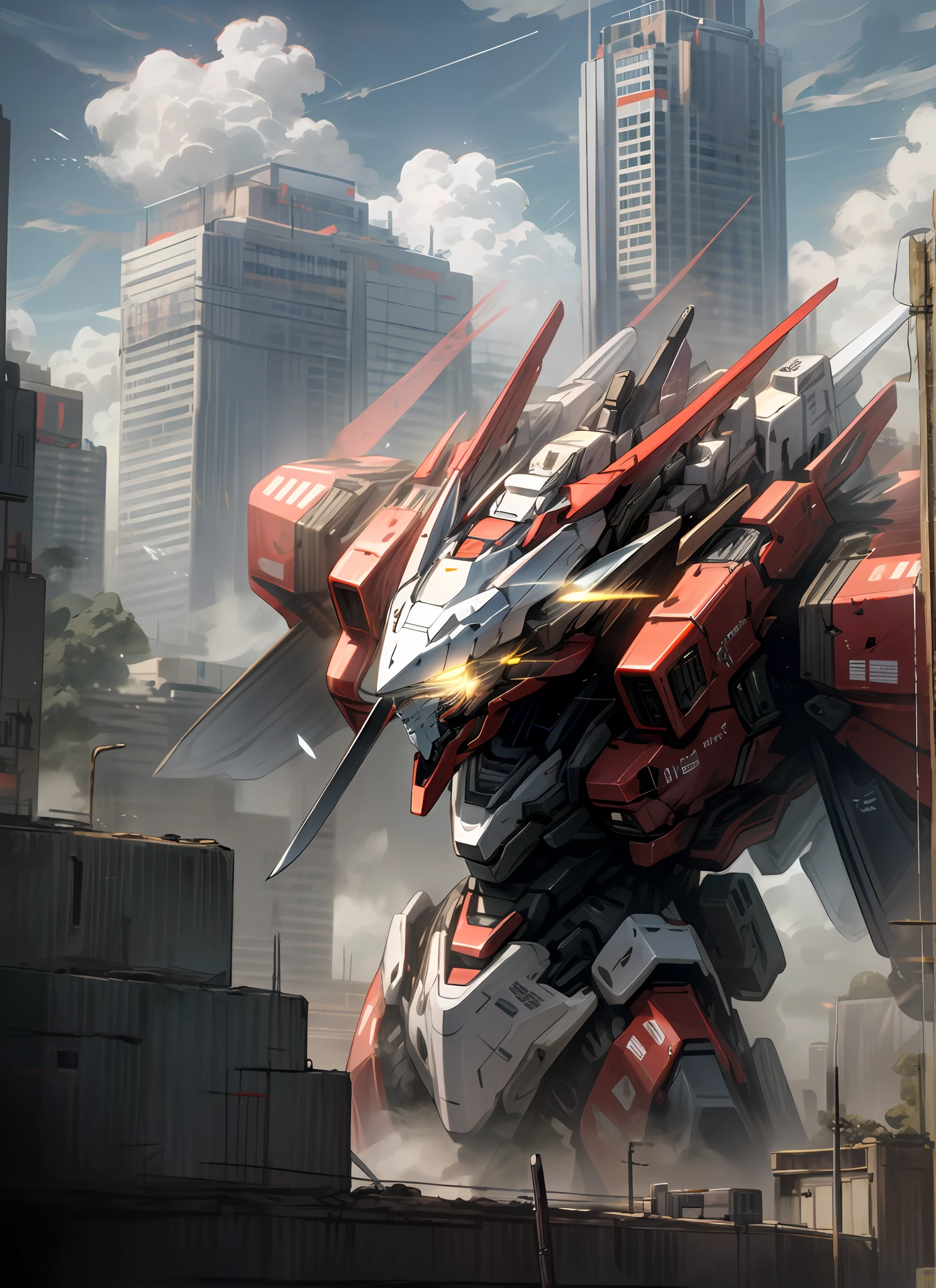 Land, cloud, holding_sword, no_humans, glowing, , robot, building, glowing_eyes, mecha, science_fiction, city, realistic,mecha