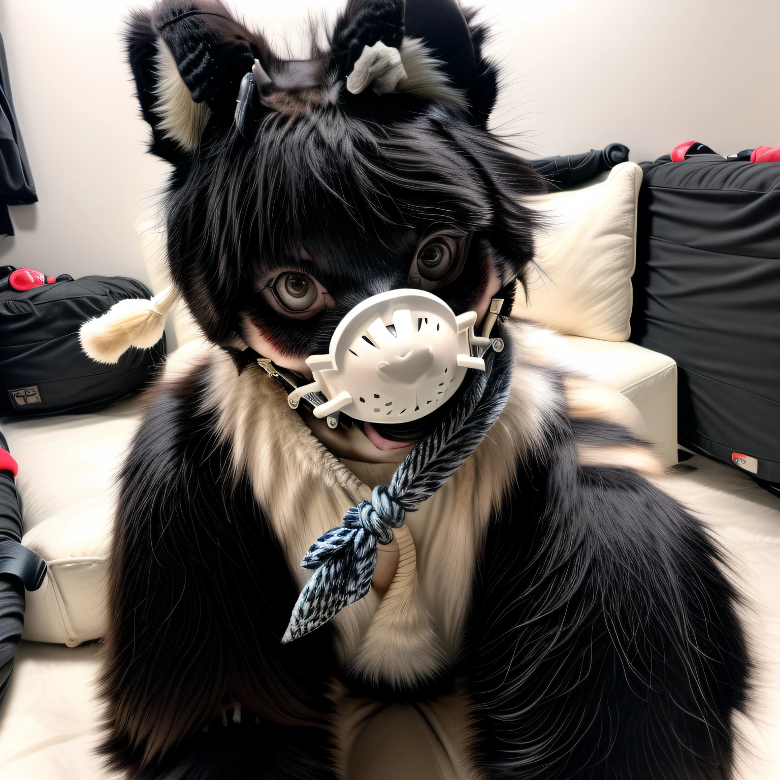 RAW photo, uhd, dslr, high quality, realistic, photo realistic, dreamlikeart, lens flare, upper body, looking at viewer, animal focus, furry, nudefursuit, 1girl, cute, kawaii, lovely, fur, fur head, narrow waist, animal ears, paw, paw shoes, , (G ((muzzled)), ((tied up)), (((Vibrator on crotch))), (lots of people:2), Many people