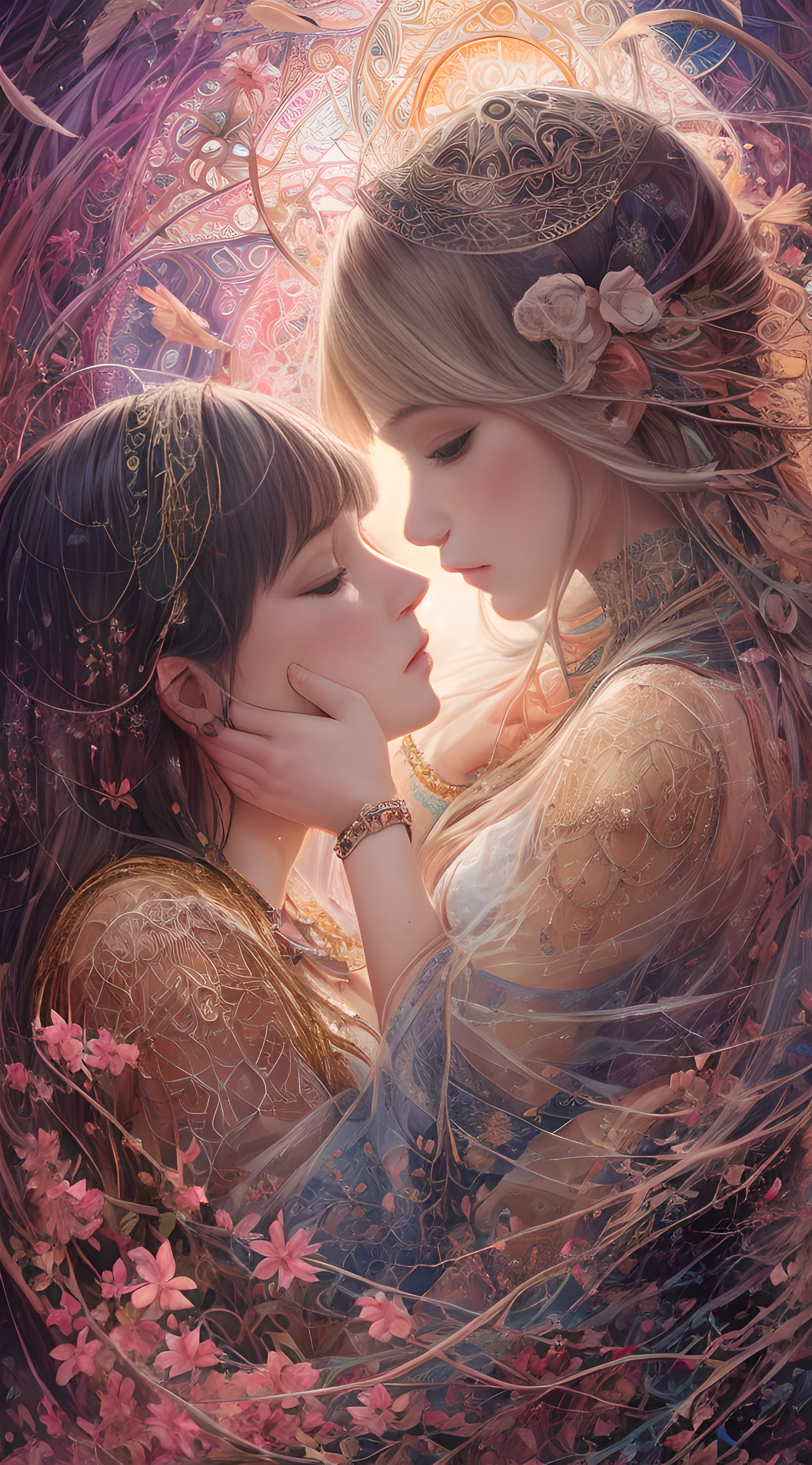 "Intimate, intricate scene of two girls touching each other, inspired by the angelic AI mysticism. Style references include Alex Grey and Brian Froud."