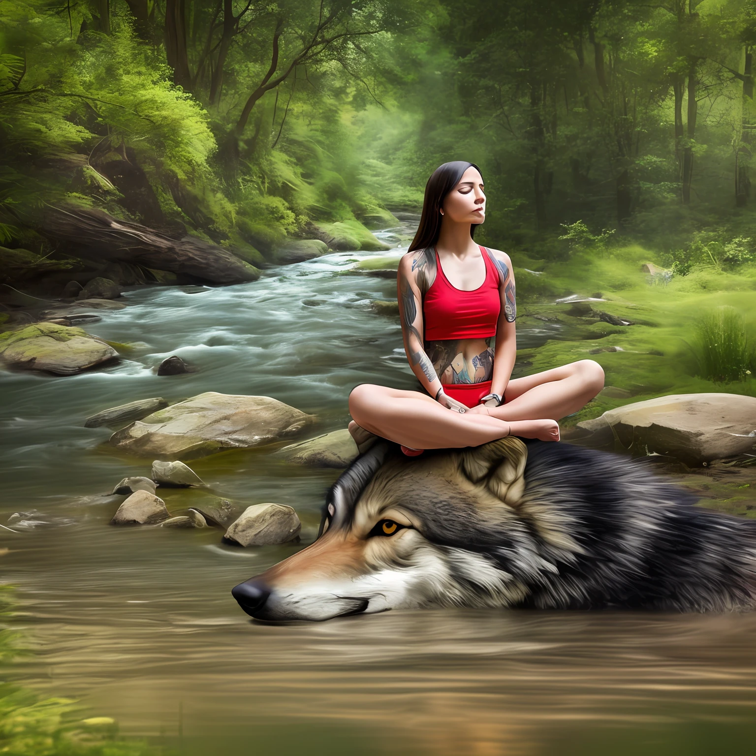 Tantric priestess woman in shorts with tattoos and percings meditating on the banks of a river next to a wolf Photo Realistic --auto